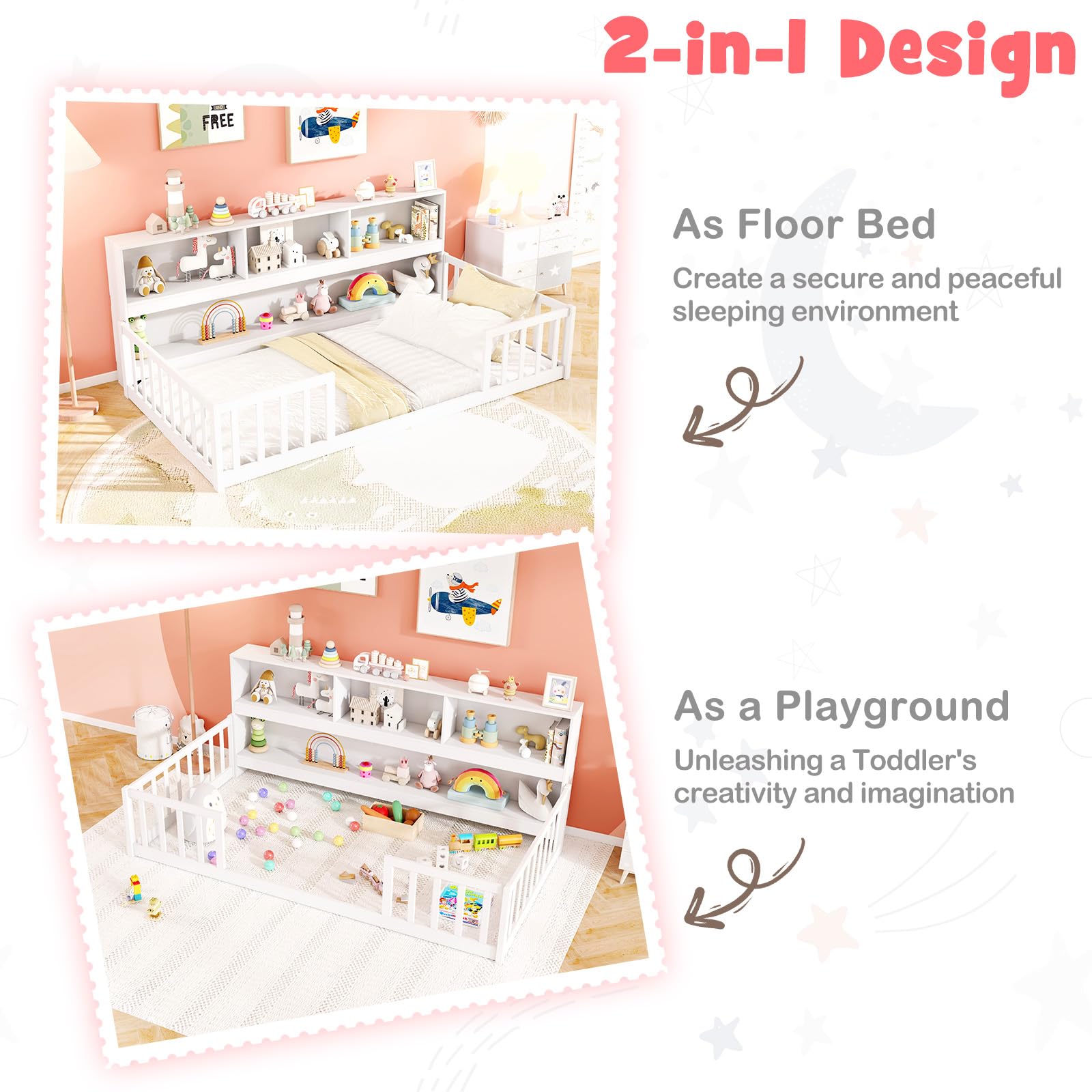 KOMFOTT Twin Floor Bed with Bookcase & Shelves