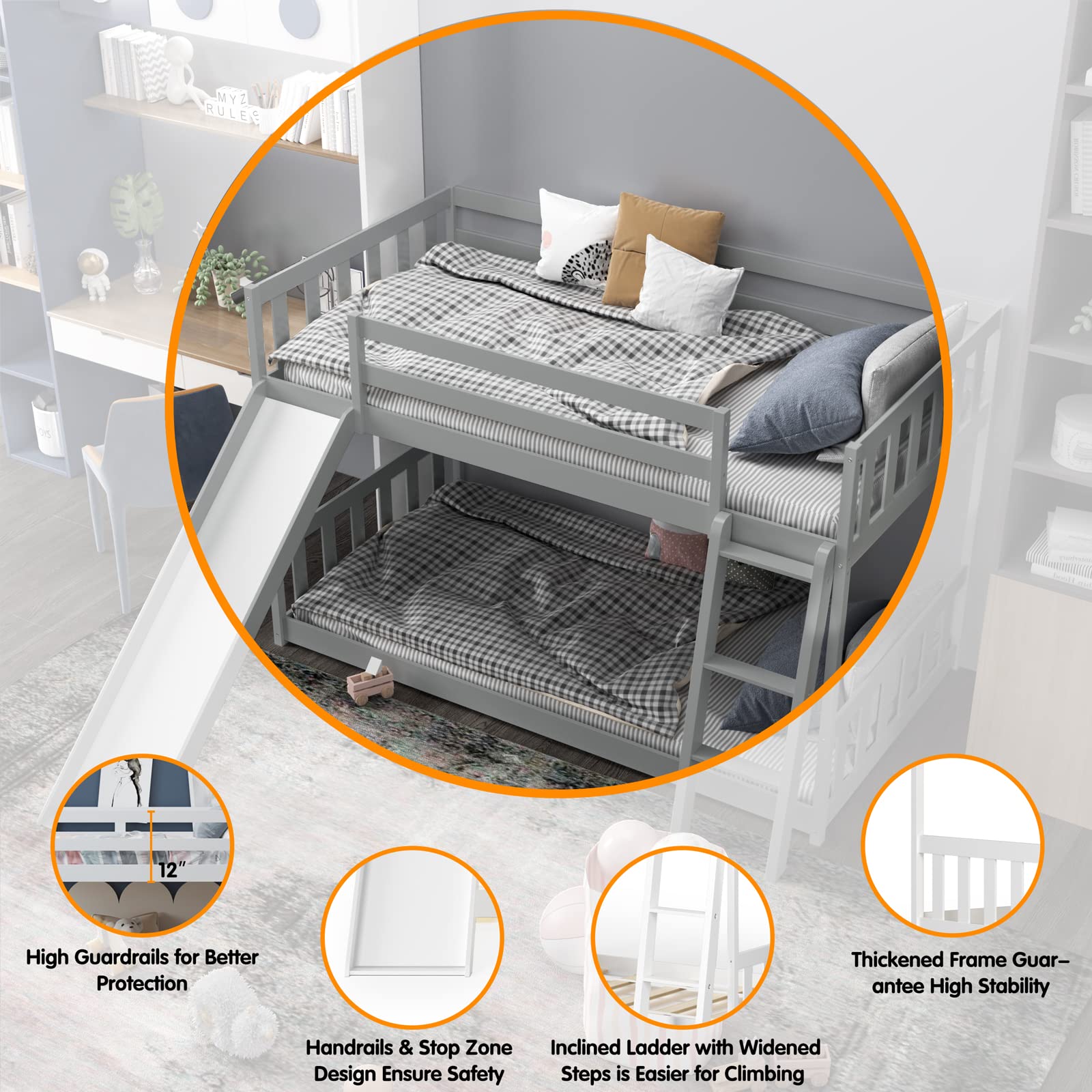 KOMFOTT Wood Bunk Bed Twin Over Twin Bunk Bed Frame w/Convertible Slide