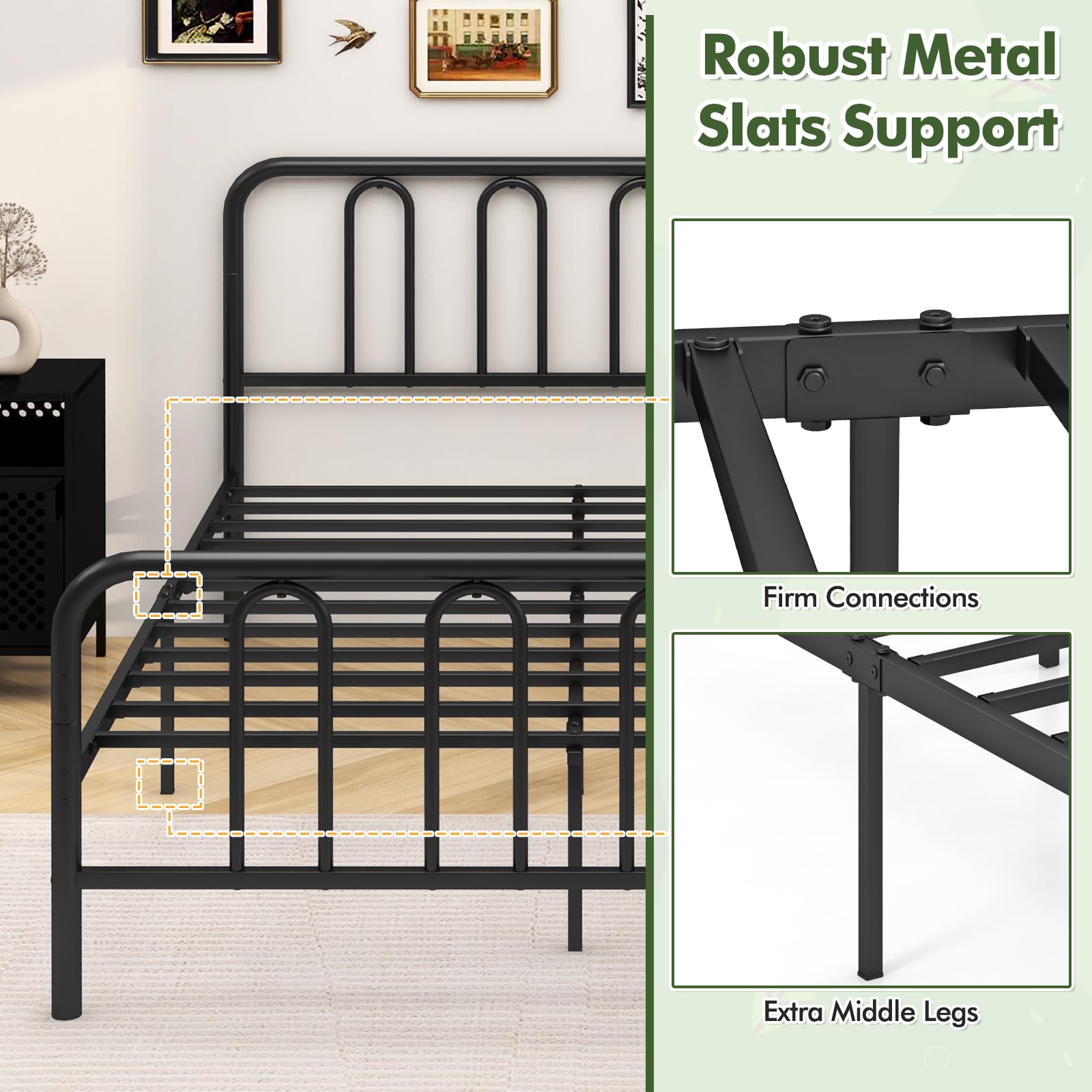KOMFOTT Metal Platform Bed Frame with Headboard & Footboard