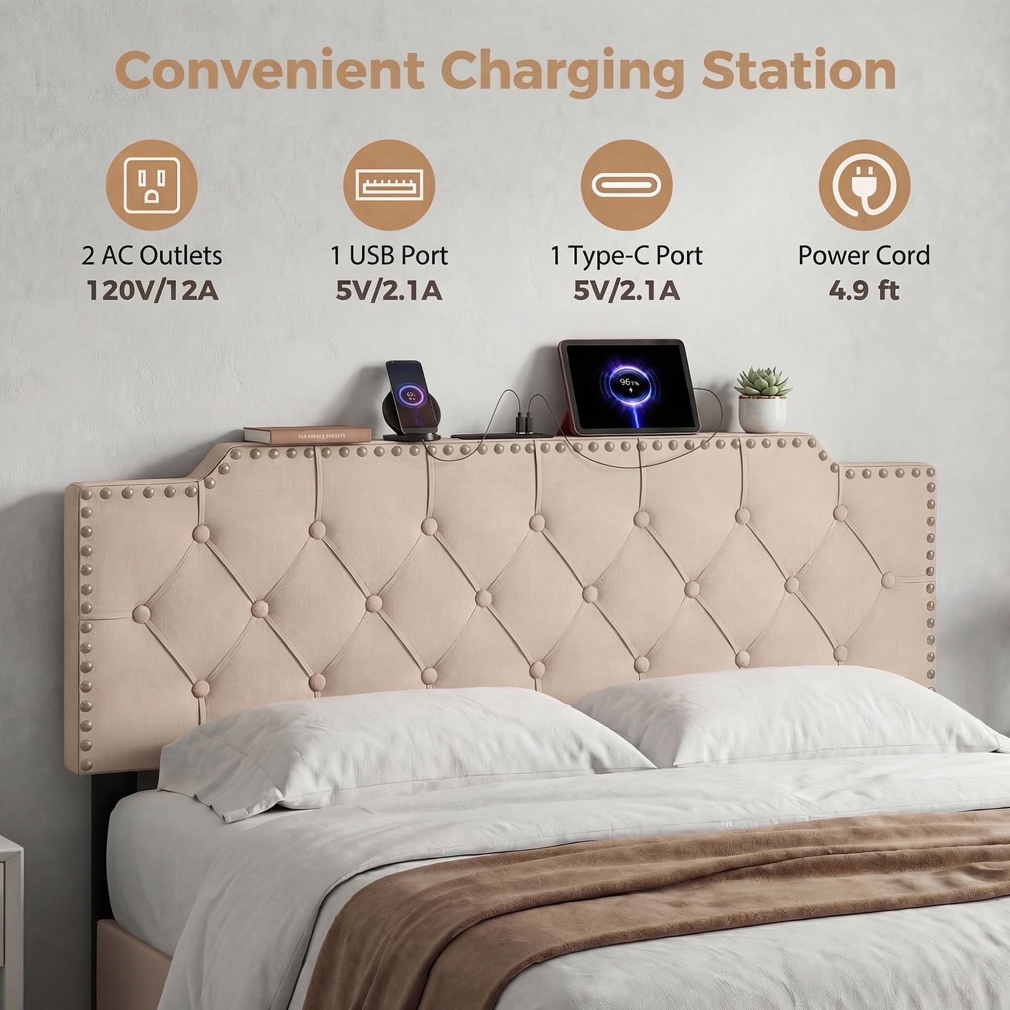 KOMFOTT Riveted Upholstered Headboard with Charging Station for Full & Queen Size Bed Frame