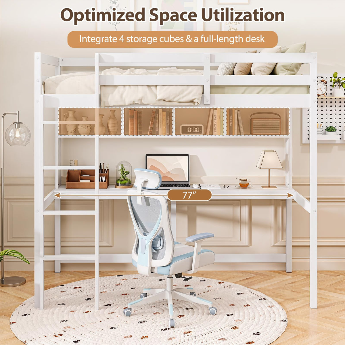 KOMFOTT Loft Bed with Desk & Bookcase Twin Bed Frame ( White )