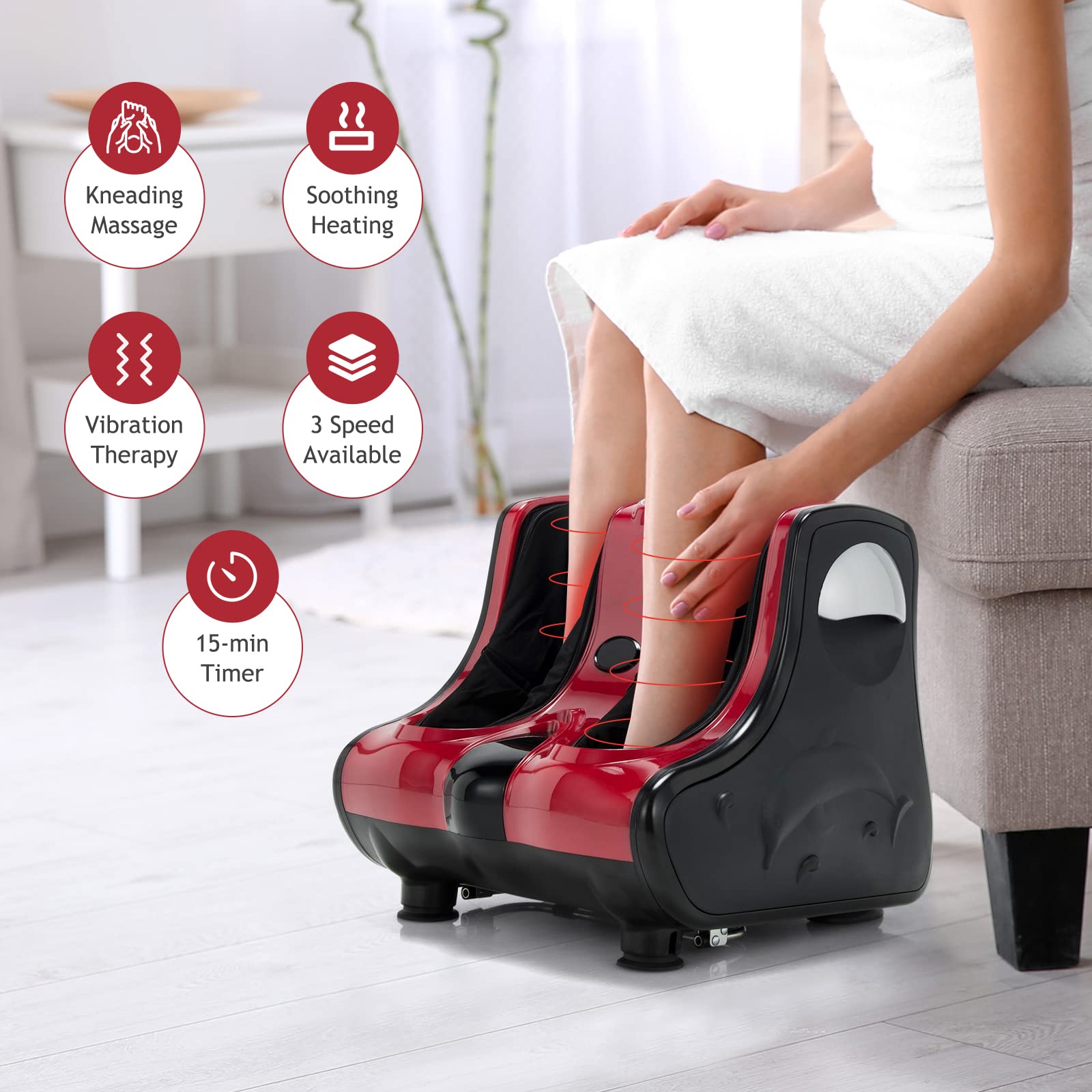 KOMFOTT Foot and Calf Massager, Shiatsu Foot Massager Machine w/Heating, Kneading, Vibration, Rolling, Adjustable Speed & Tilt Base