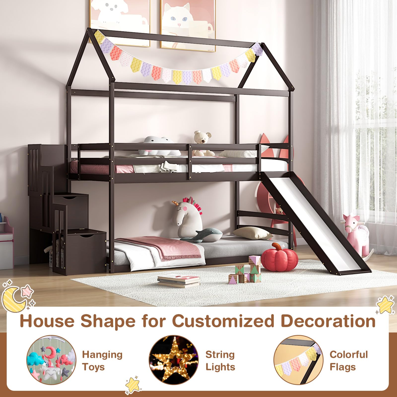 KOMFOTT Wood Twin Over Twin House Bunk Bed with Slide & Storage Staircase