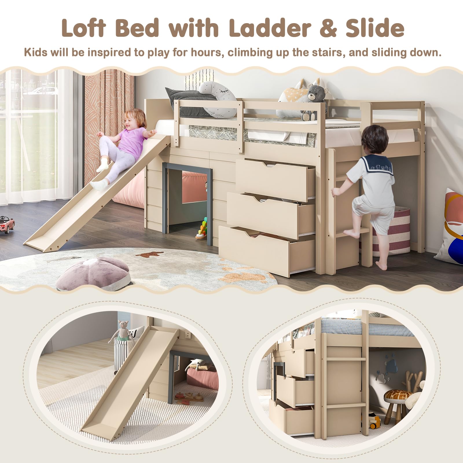 KOMFOTT Twin Low Loft Bed with 3 Storage Drawers & Underneath House