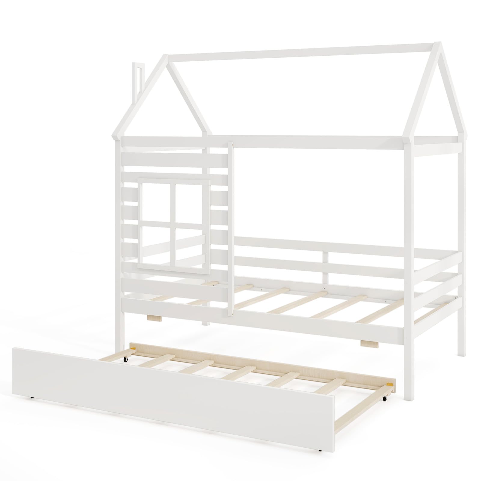 KOMFOTT Wood Twin House Bed with Trundle