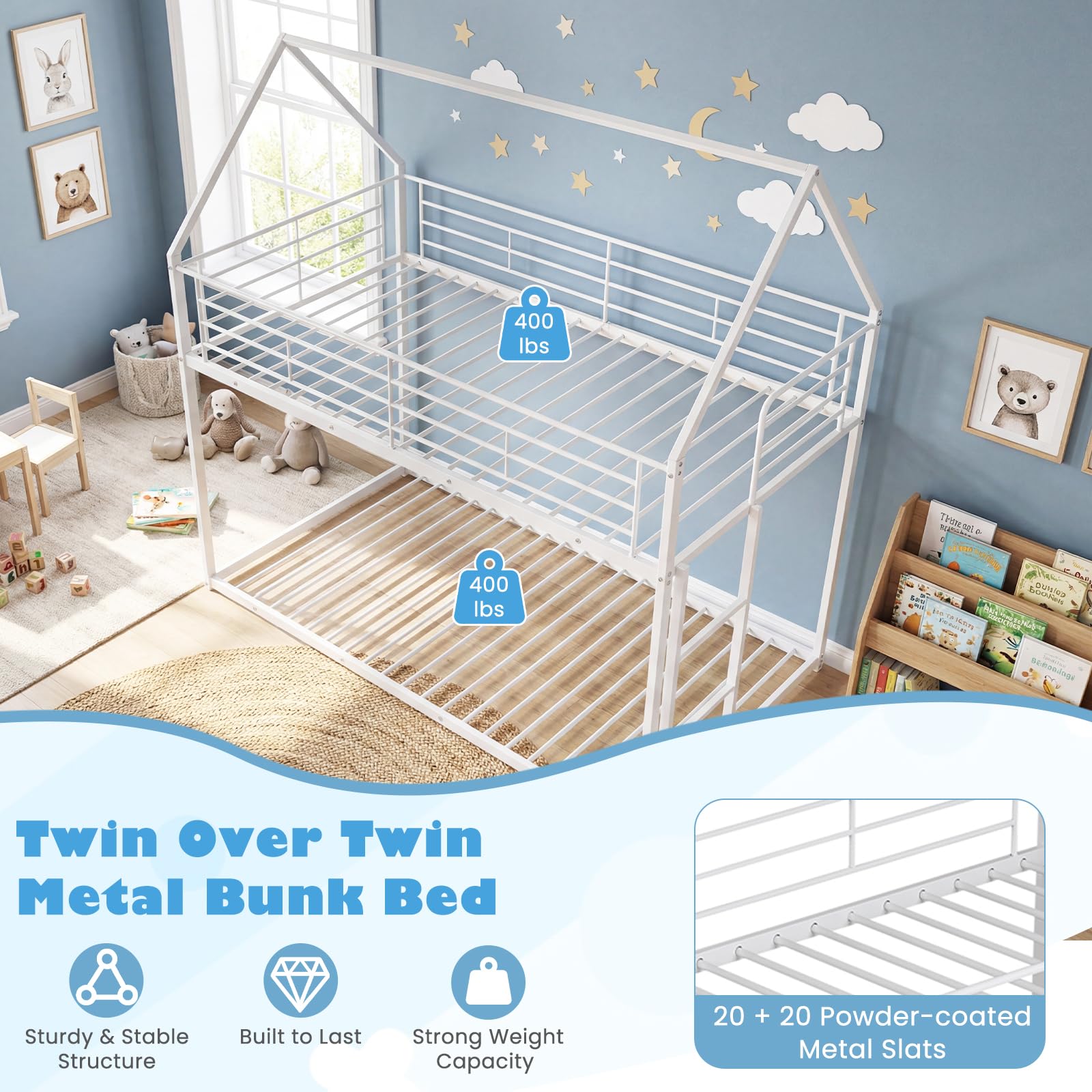 KOMFOTT Low Bunk Bed Twin Over Twin with Roof