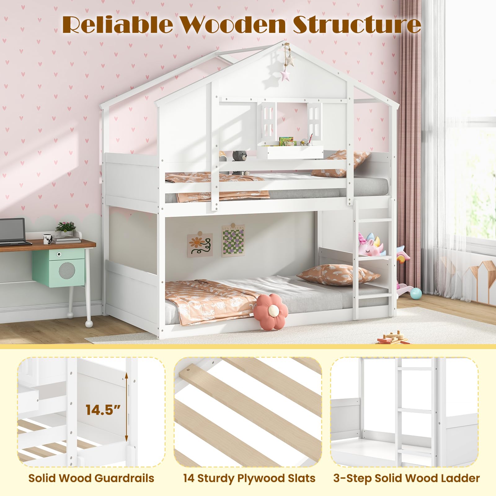 KOMFOTT Twin Over Twin Wood House Bunk Bed for Kids with Roof, Window Door, Storage Box, Safety Guardrails, Wood Slats & Ladder