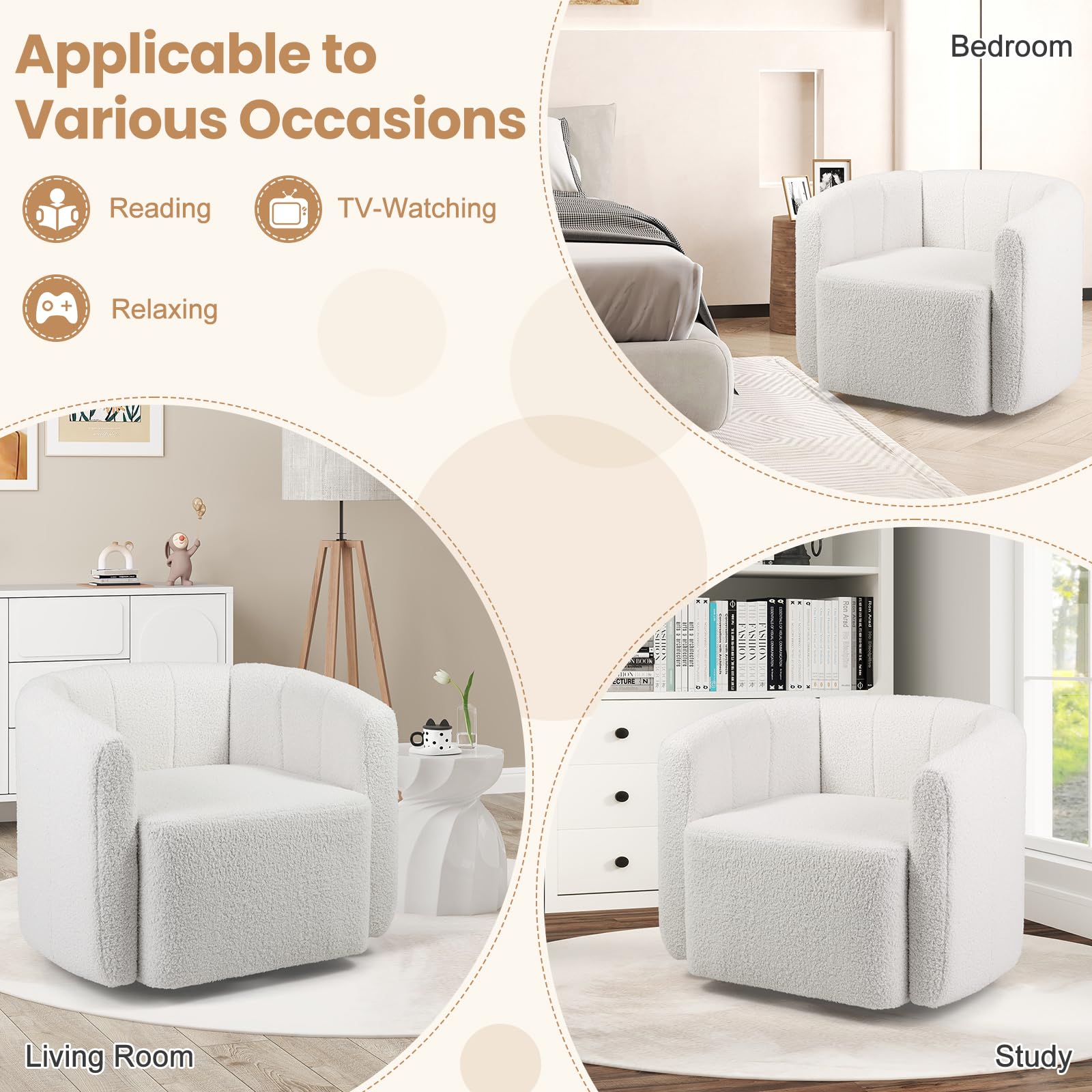 KOMFOTT Swivel Barrel Chair Sherpa Fabric Accent Chair
