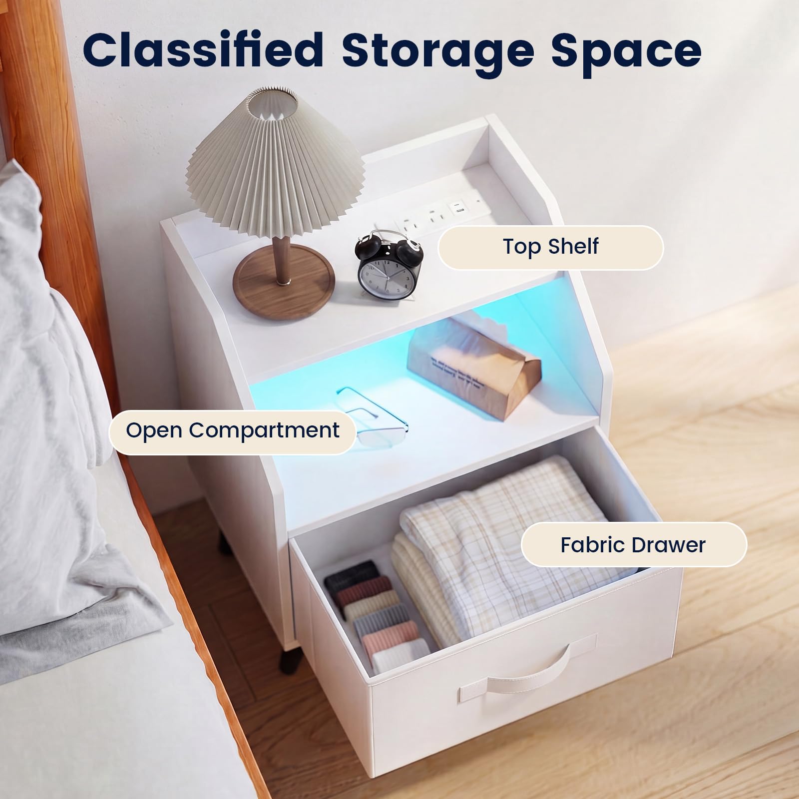 KOMFOTT Nightstand with LED Lights Charging Station & Fabric Drawer(1/2)