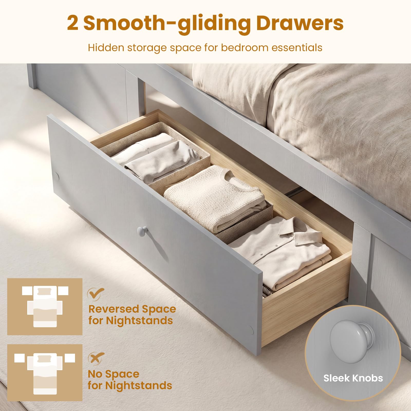 KOMFOTT Rattan Bed Frame with 2 Storage Drawers