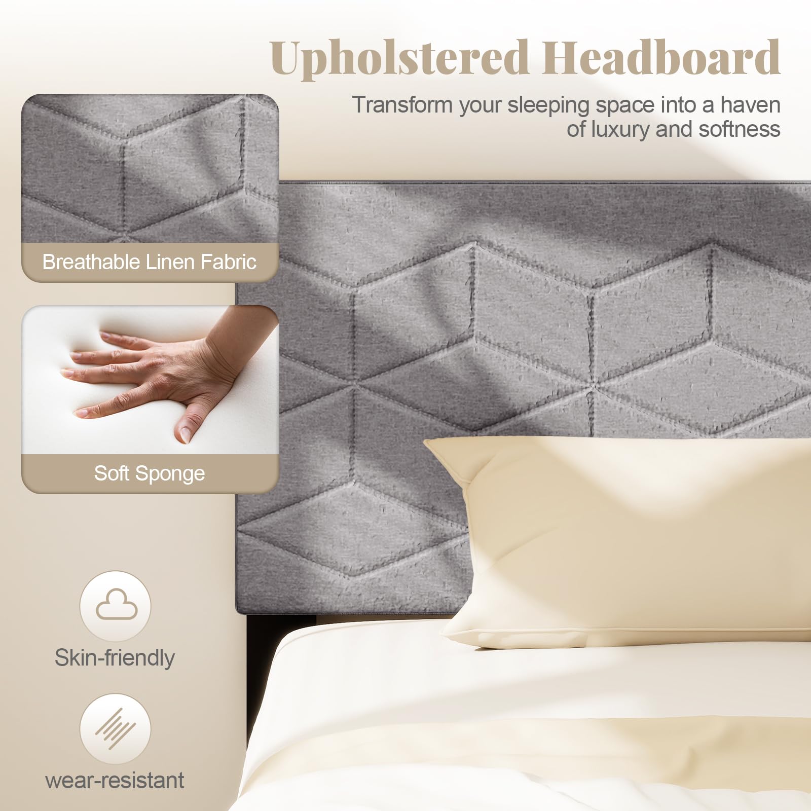 KOMFOTT Upholstered Bed Frame with Linen Fabric Headboard