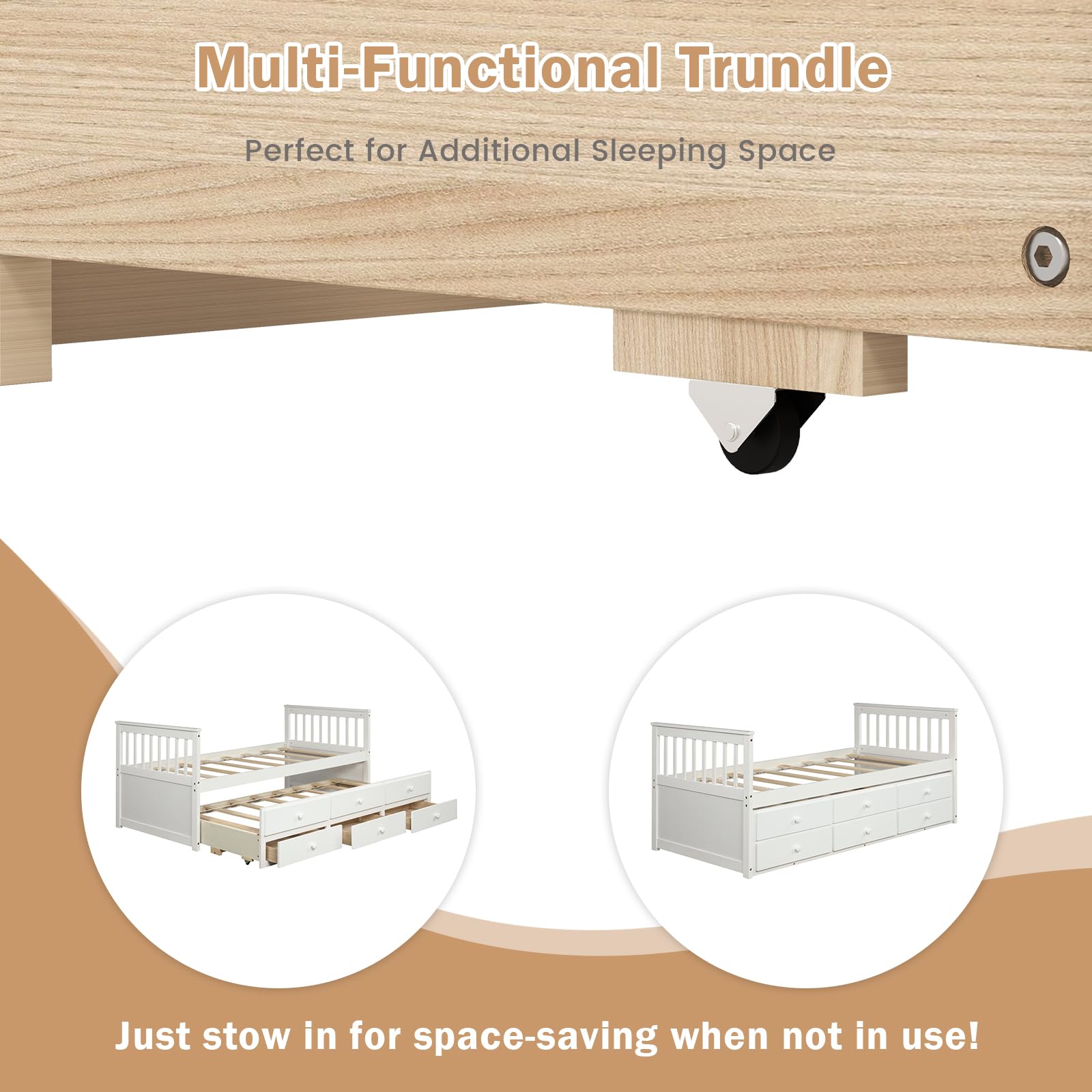KOMFOTT Twin Captain’s Bed with Trundle Bed, Wood Storage Daybed with 3 Storage Drawers