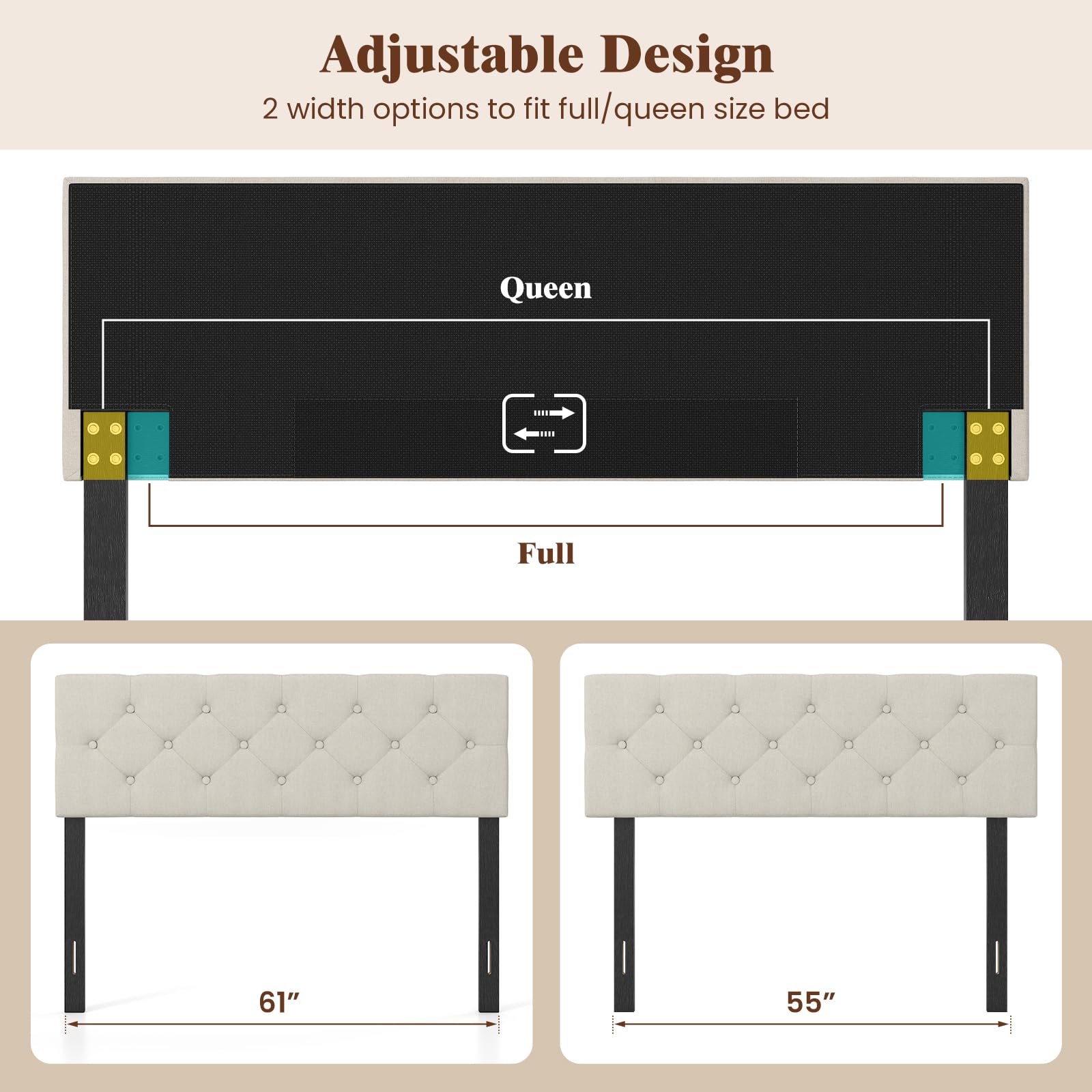 KOMFOTT Linen Upholstered Headboard for Full & Queen Size Bed Frame(Rhombic Button Tufted)