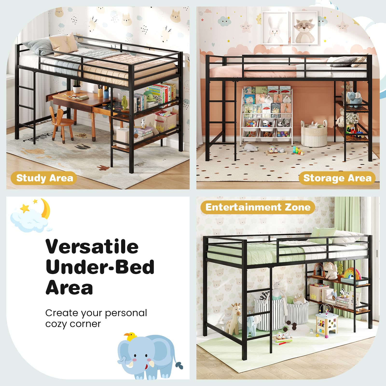 KOMFOTT Twin Size Metal Loft Bed w/Storage Shelves