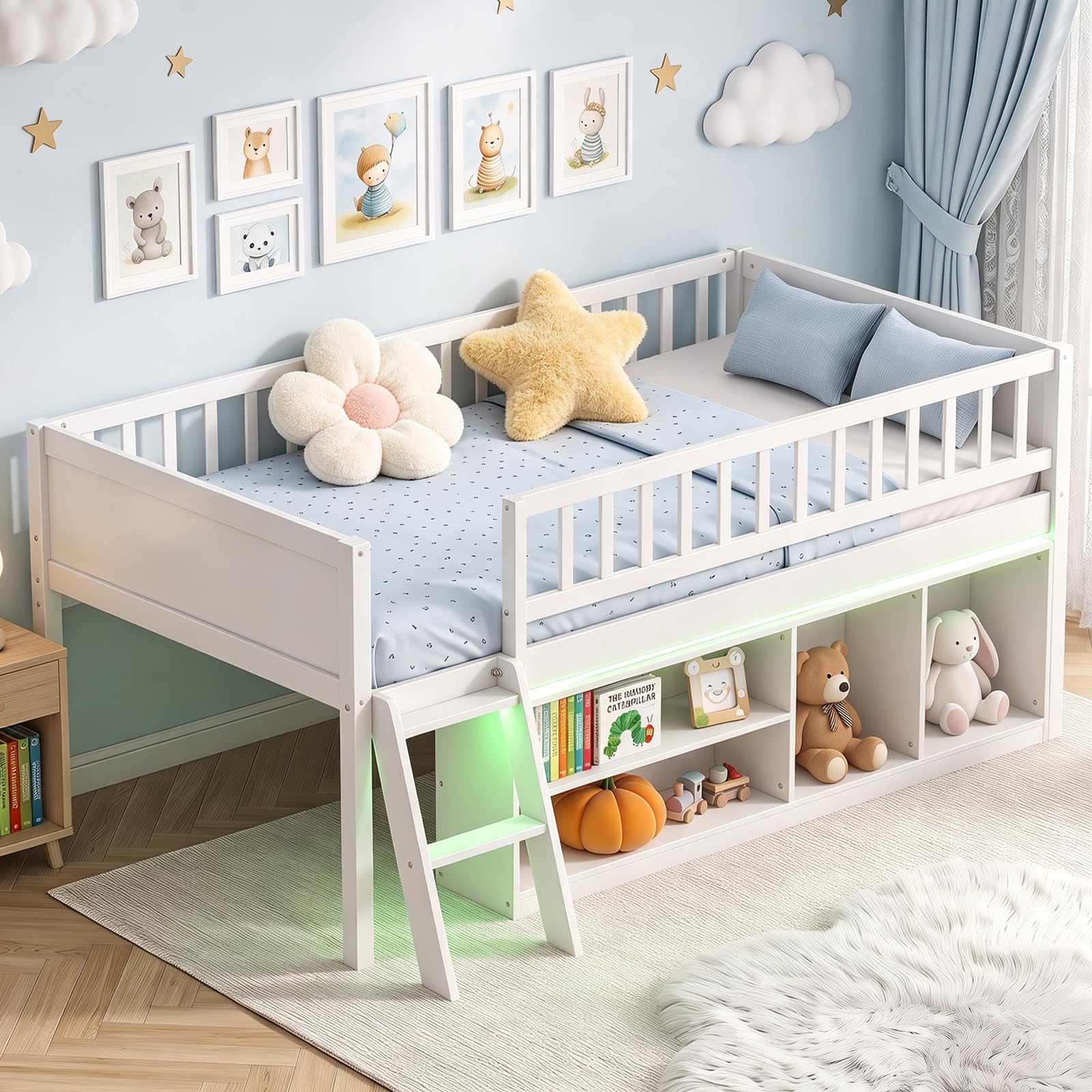 KOMFOTT Twin Size Low Loft Bed with LED Lights & Storage Bookcase(without Chalkboard)