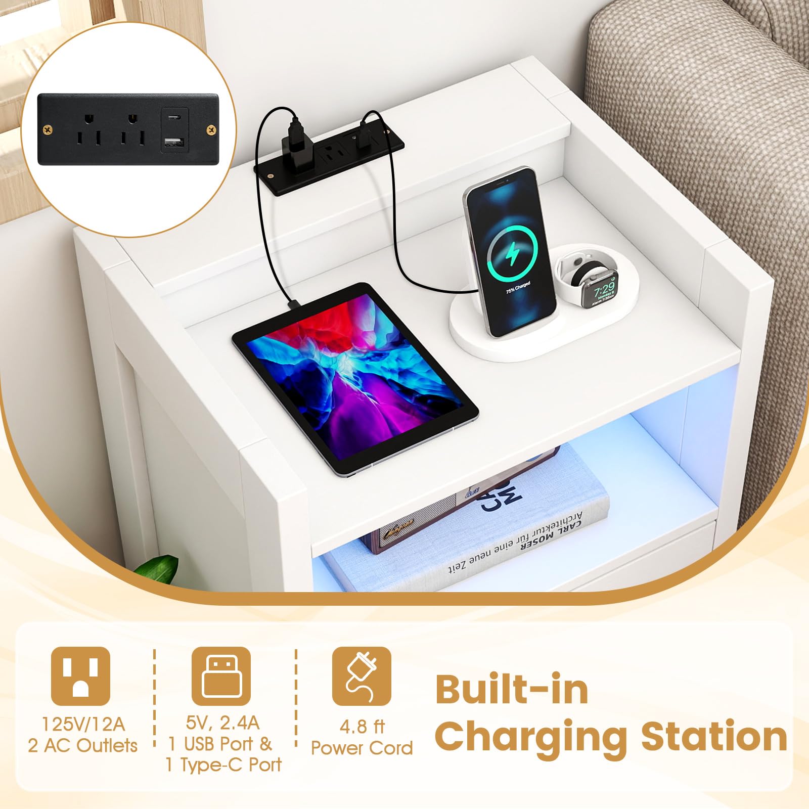 KOMFOTT Nightstand with LED Lights & Charging Station（23.5”）