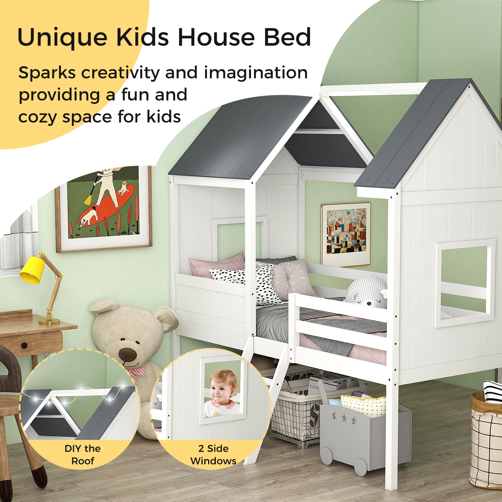 KOMFOTT Twin House Bed Wood Kid’s Low Loft Bed Frame
