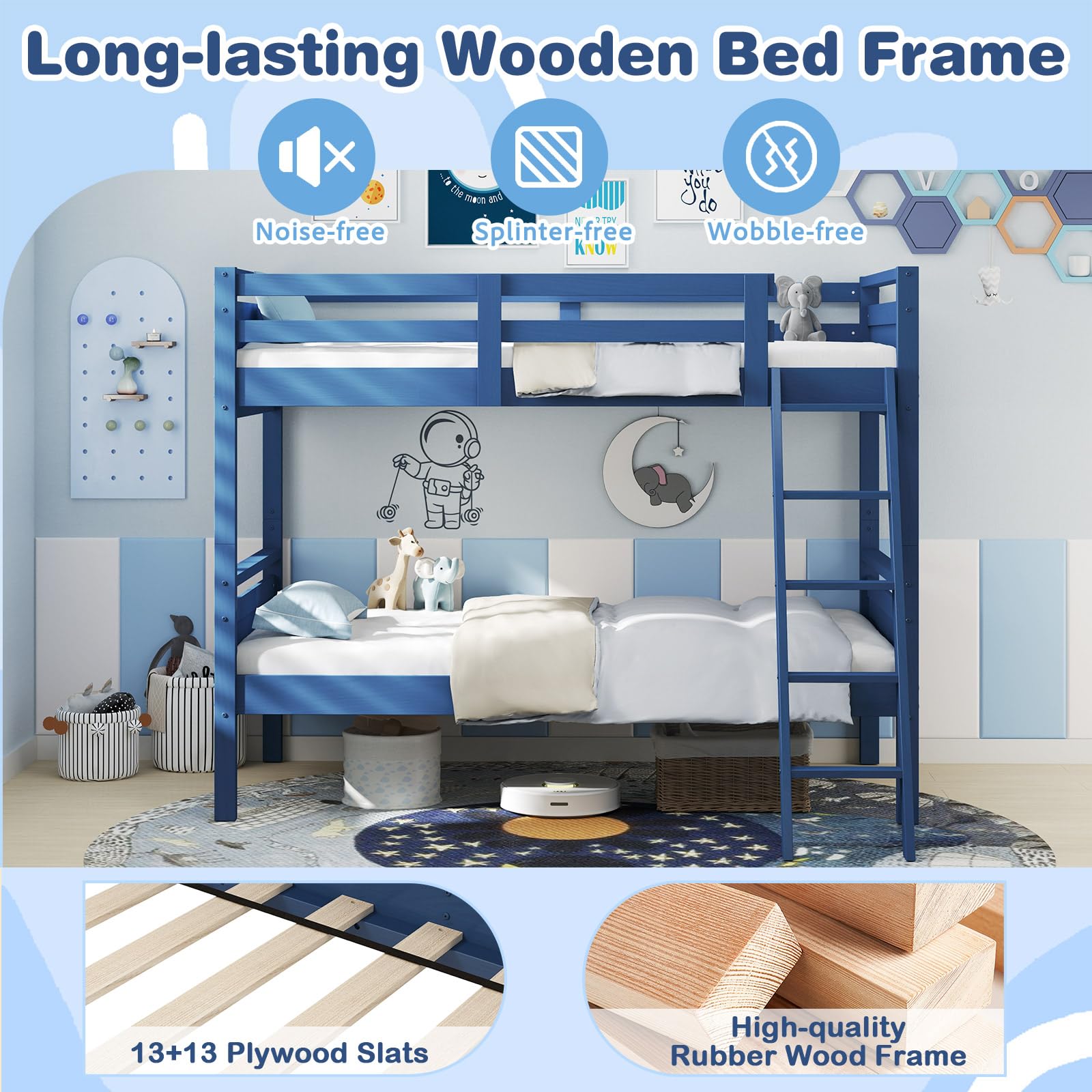 KOMFOTT Twin-Over-Twin Wood Bunk Bed, Multifunction Convertible 2 Individual Beds