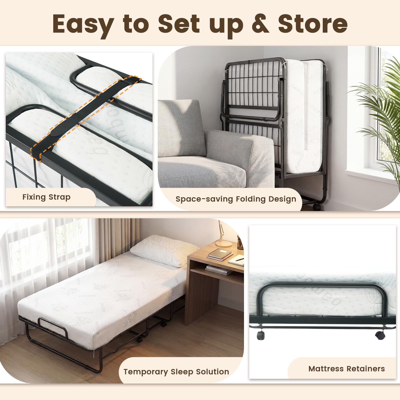 KOMFOTT Twin Size Folding Bed with 5" Mattress（75" x 38"）