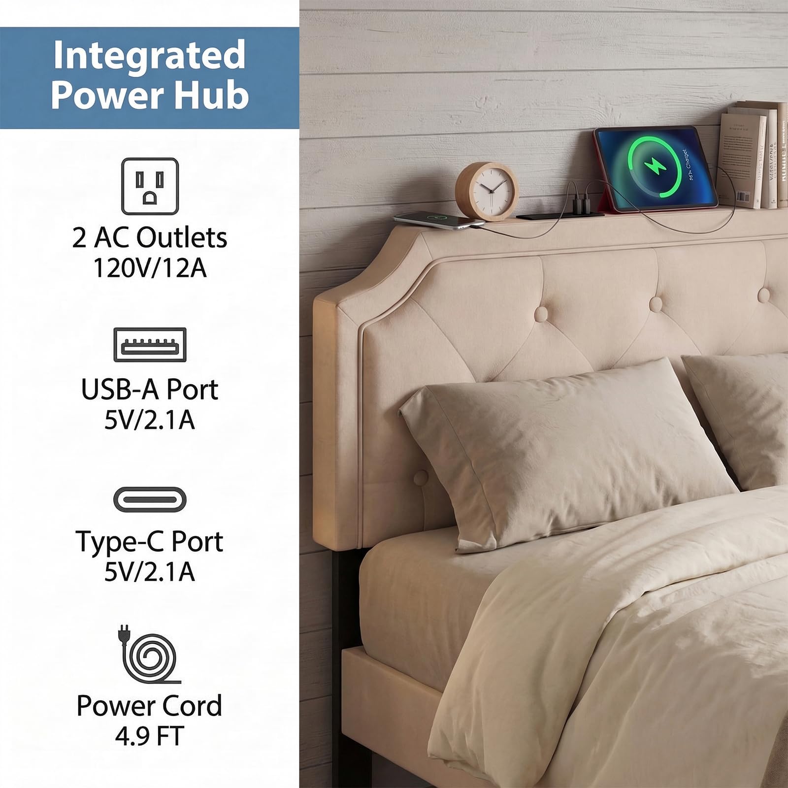 KOMFOTT Upholstered Headboard with Charging Station for Full & Queen Size Bed Frame