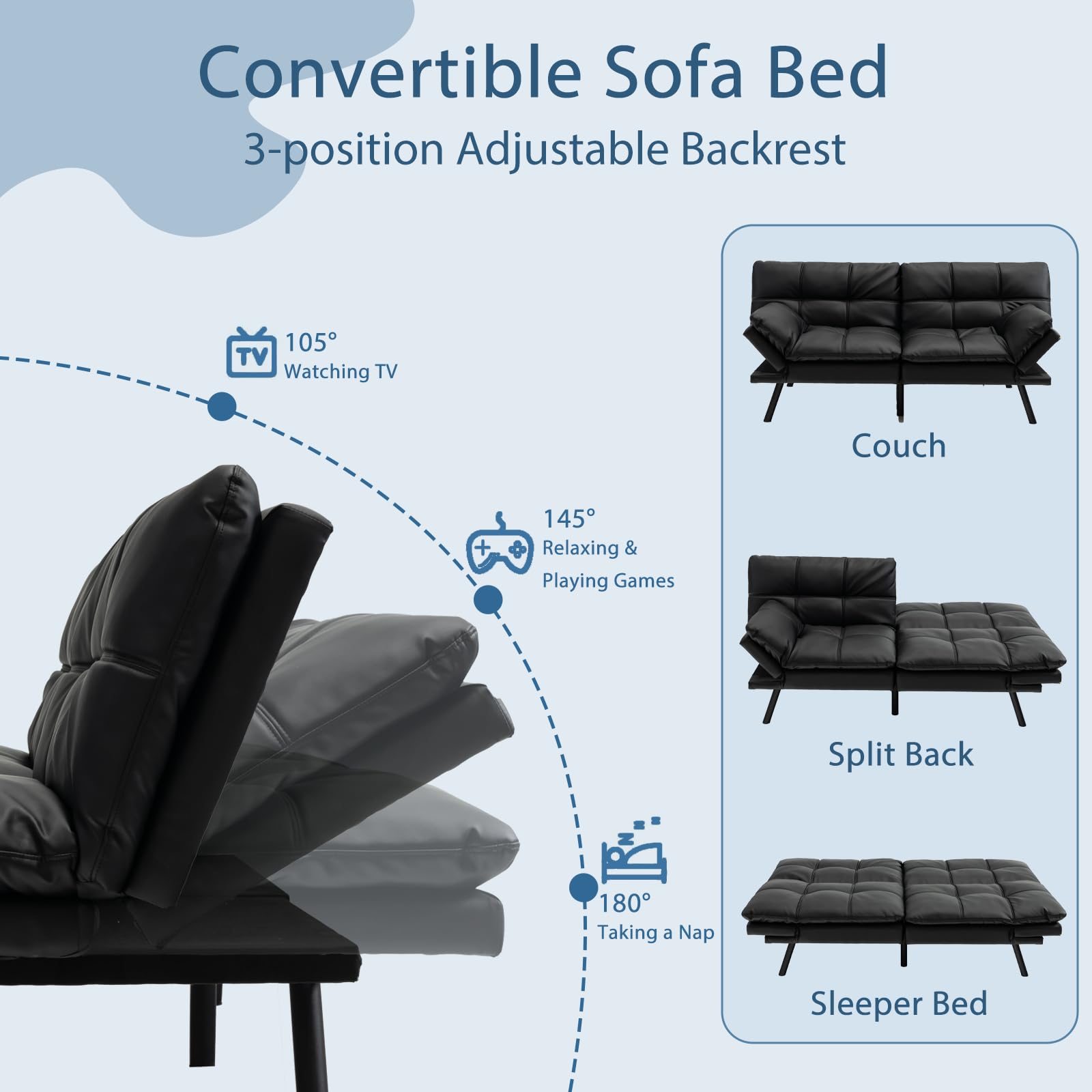 KOMFOTT Futon Sofa Bed, Faux Leather Memory Foam Convertible Futon Couch with Adjustable Backrest & Armrests