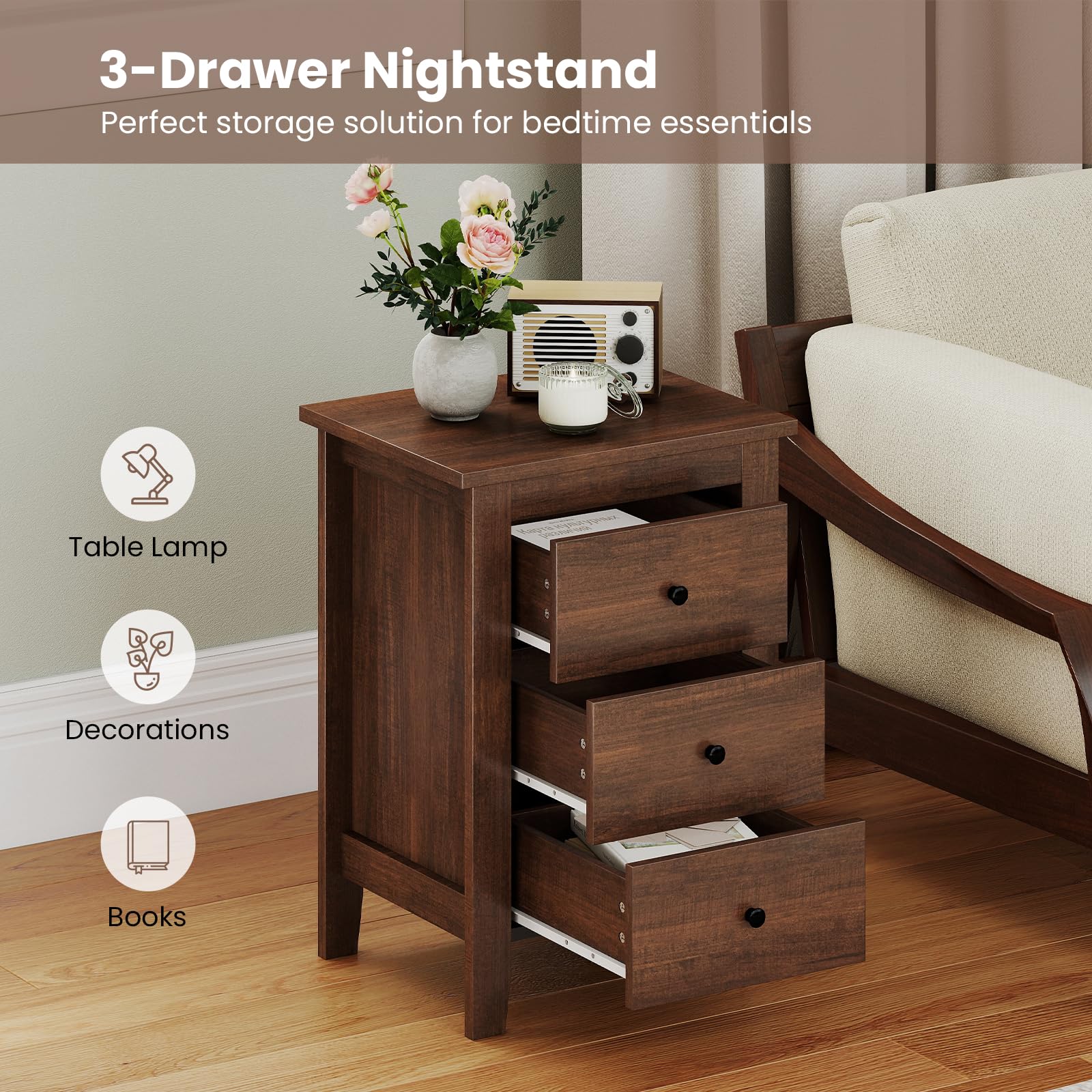 KOMFOTT 3 Drawers Nightstand Set of 1/2（18" x 14.5" x 26"）