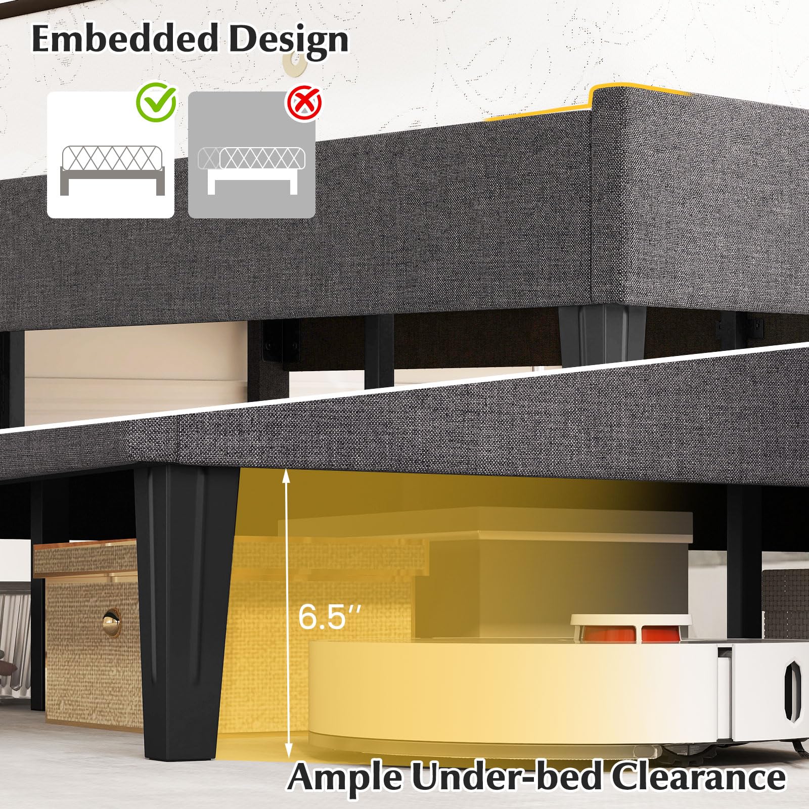 Isometric view of the bed frame showing dimensions and underbed clearance in a clean studio setting.