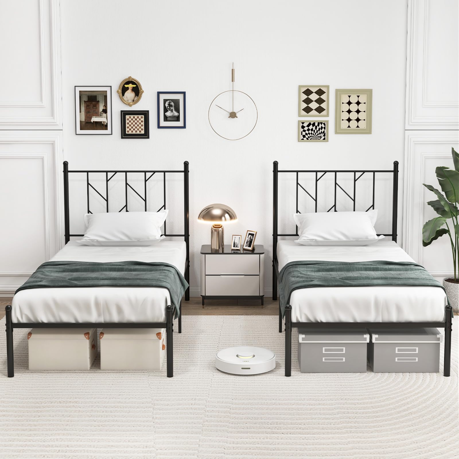 KOMFOTT Metal Bed Frame with Victorian Style Headboard, 14 Metal Slats Support