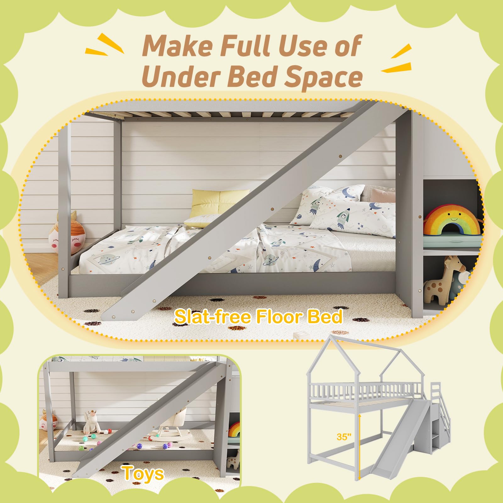 KOMFOTT Twin Over Twin  Wood House Bunk Bed with Slide & Stairs, Storage Shelves