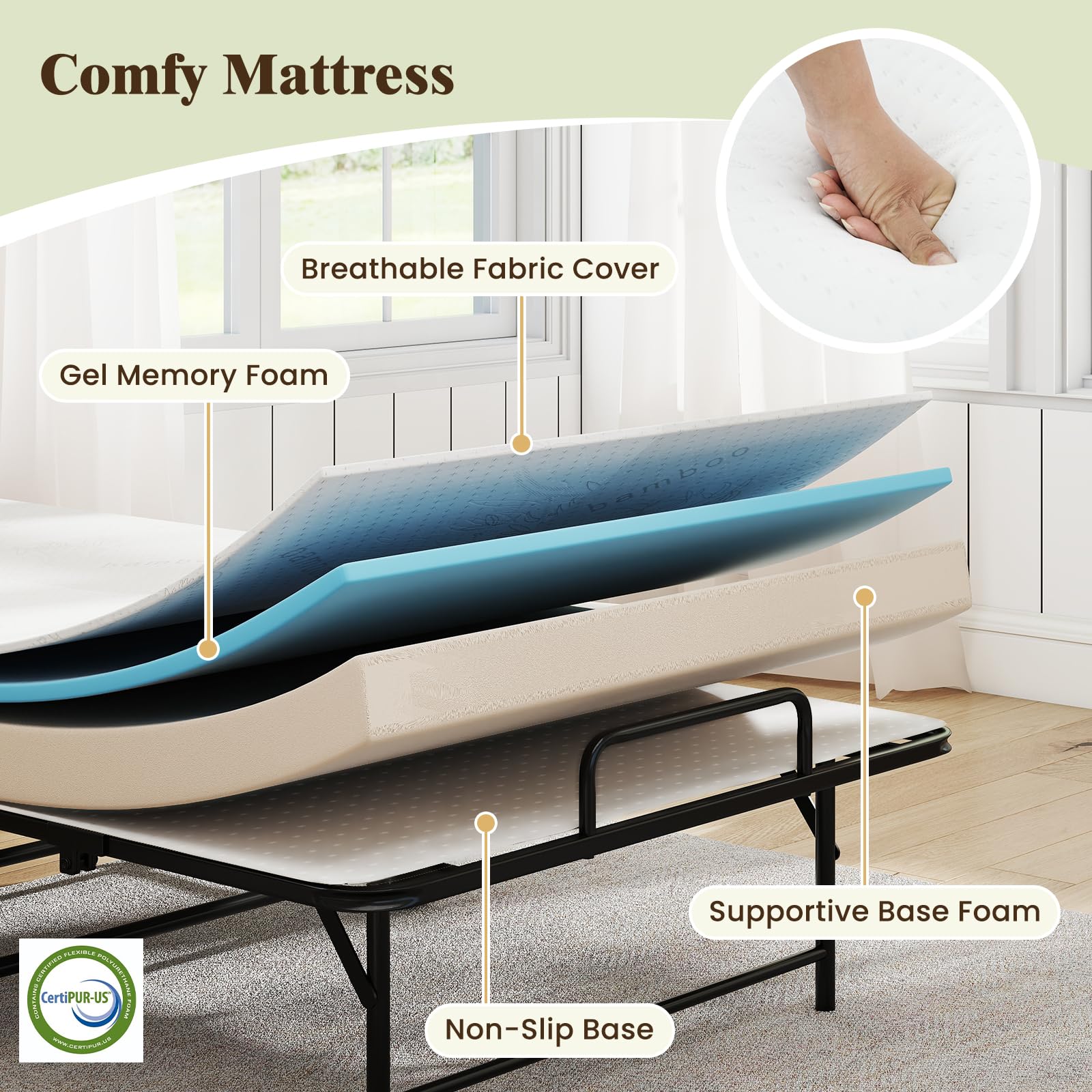 KOMFOTT Folding Bed with Mattress(75” x 38” x 16” )