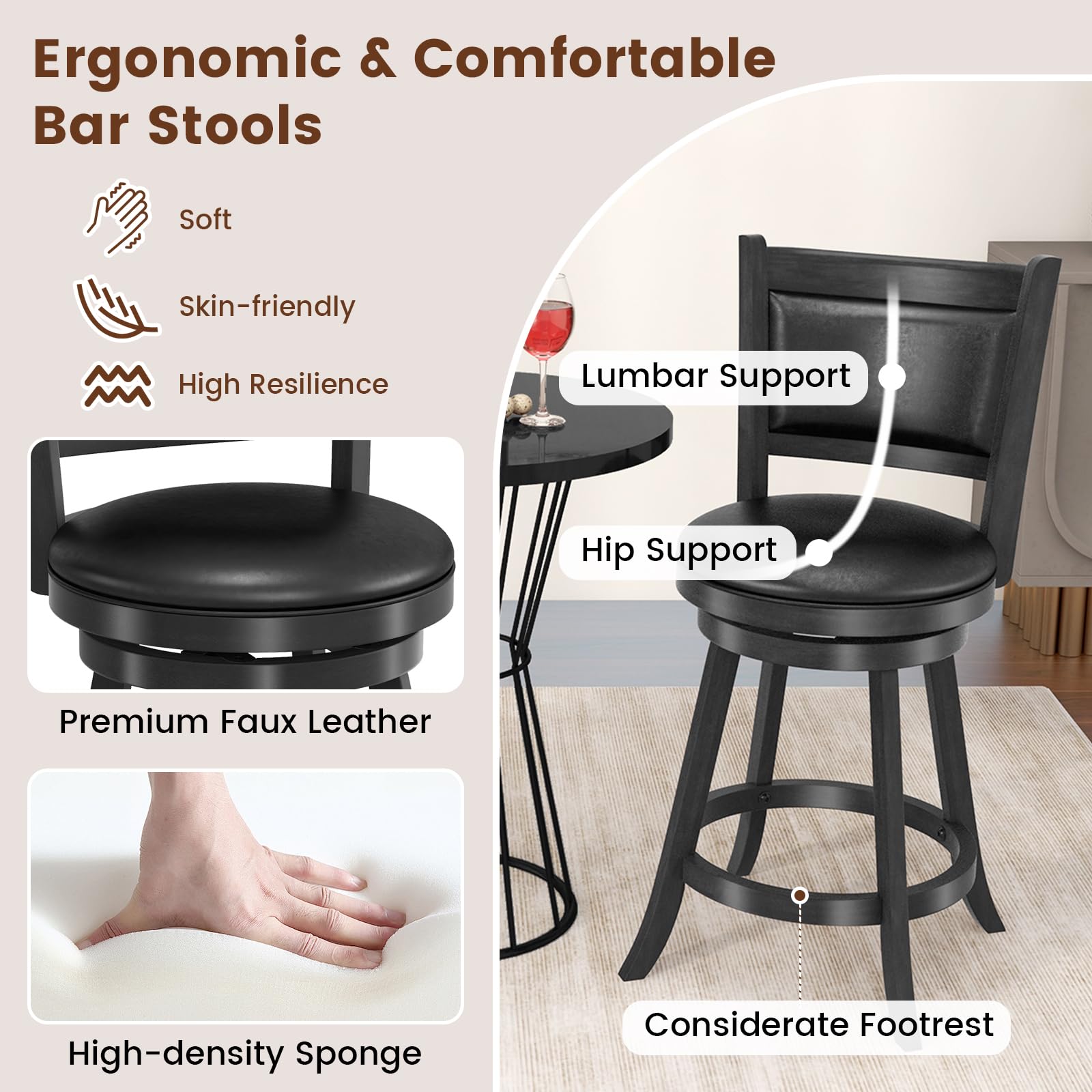KOMFOTT Bar Stools Set of 2/4 360 Degree Swivel, Accent Wooden Swivel Seat Counter Height Bar Stool