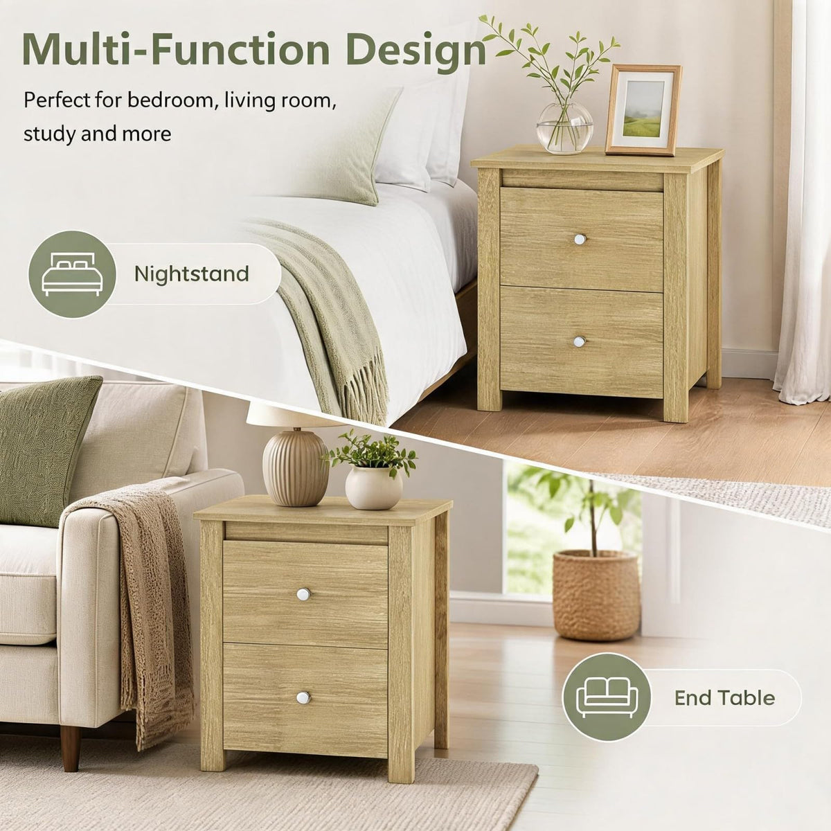 KOMFOTT Nightstand with 2 Drawers Modern Wooden Bedside Table(1/2)