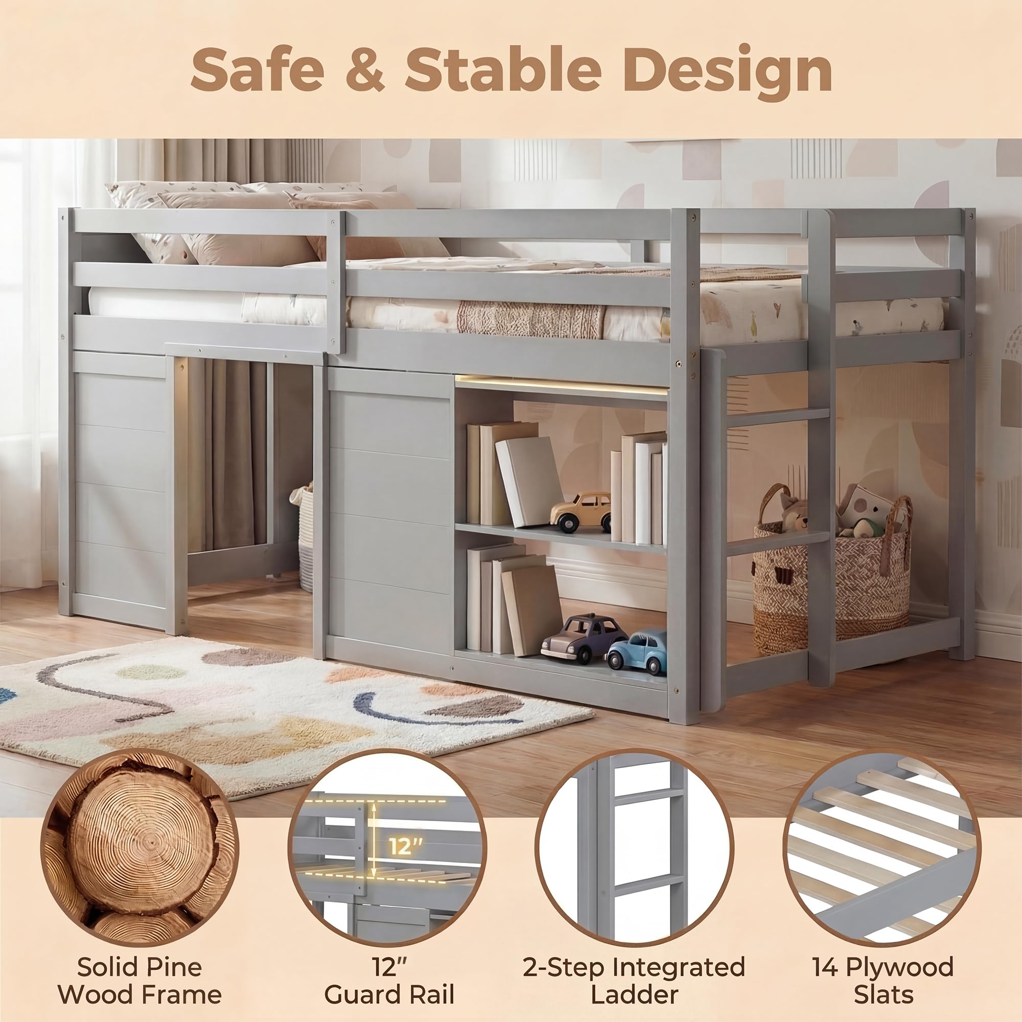 KOMFOTT Twin Low Loft Bed with LED Lights & 2 Doors, Under-Bed Play Space & Storage Bookcase