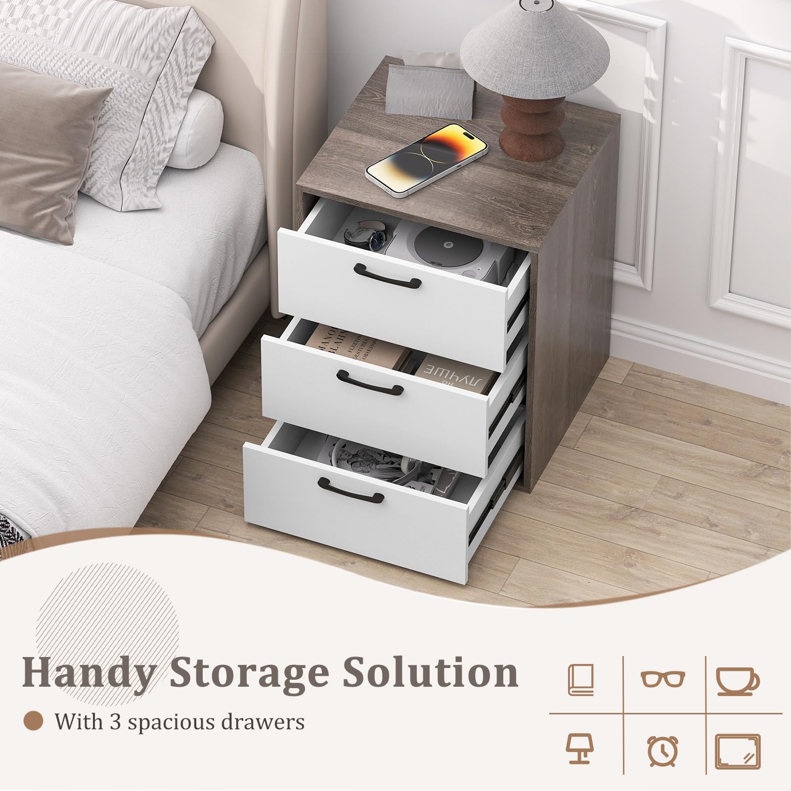 KOMFOTT Nightstand with 3 Drawers( (White & Grey))