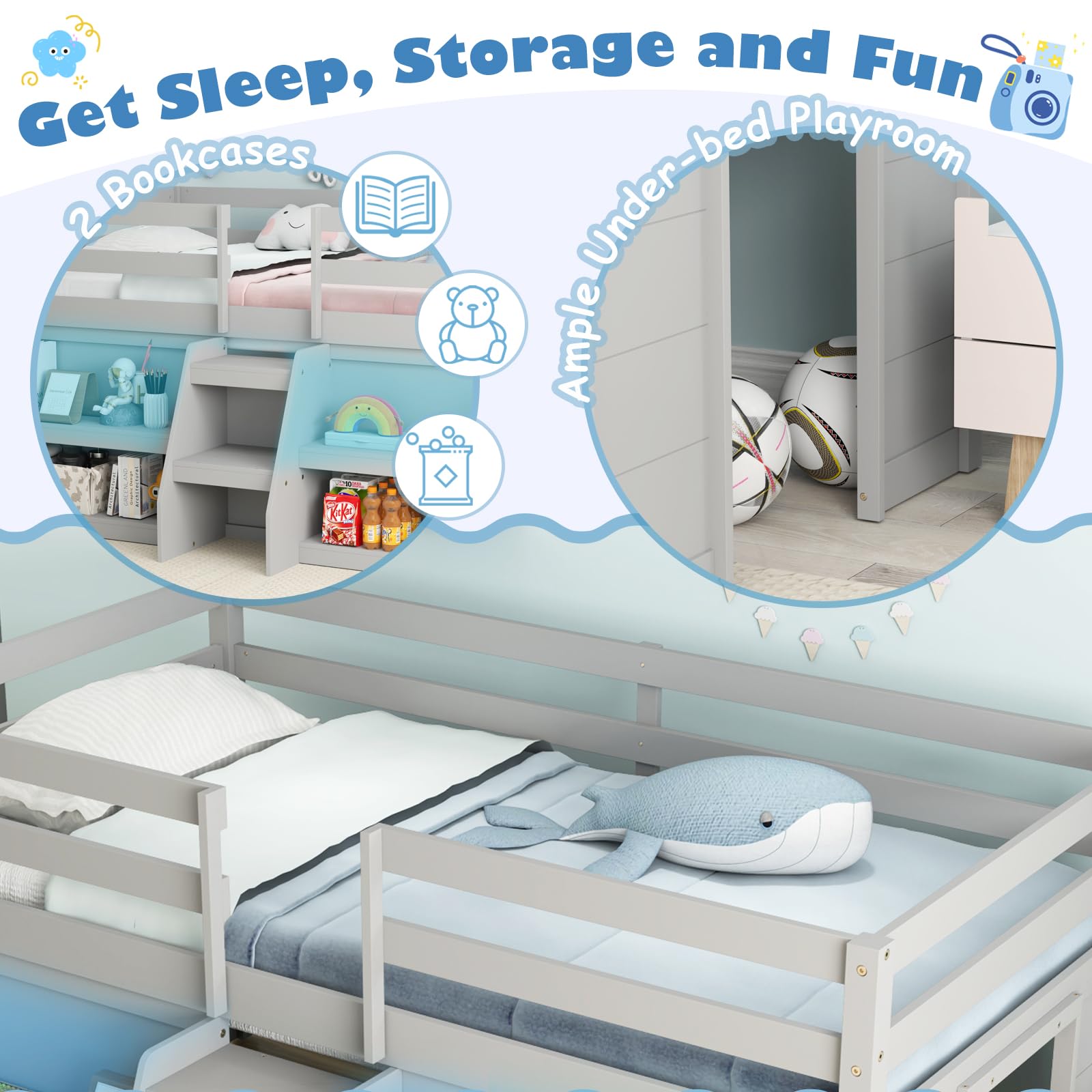 KOMFOTT Low Loft Bed with LED Light & 2 Bookcases