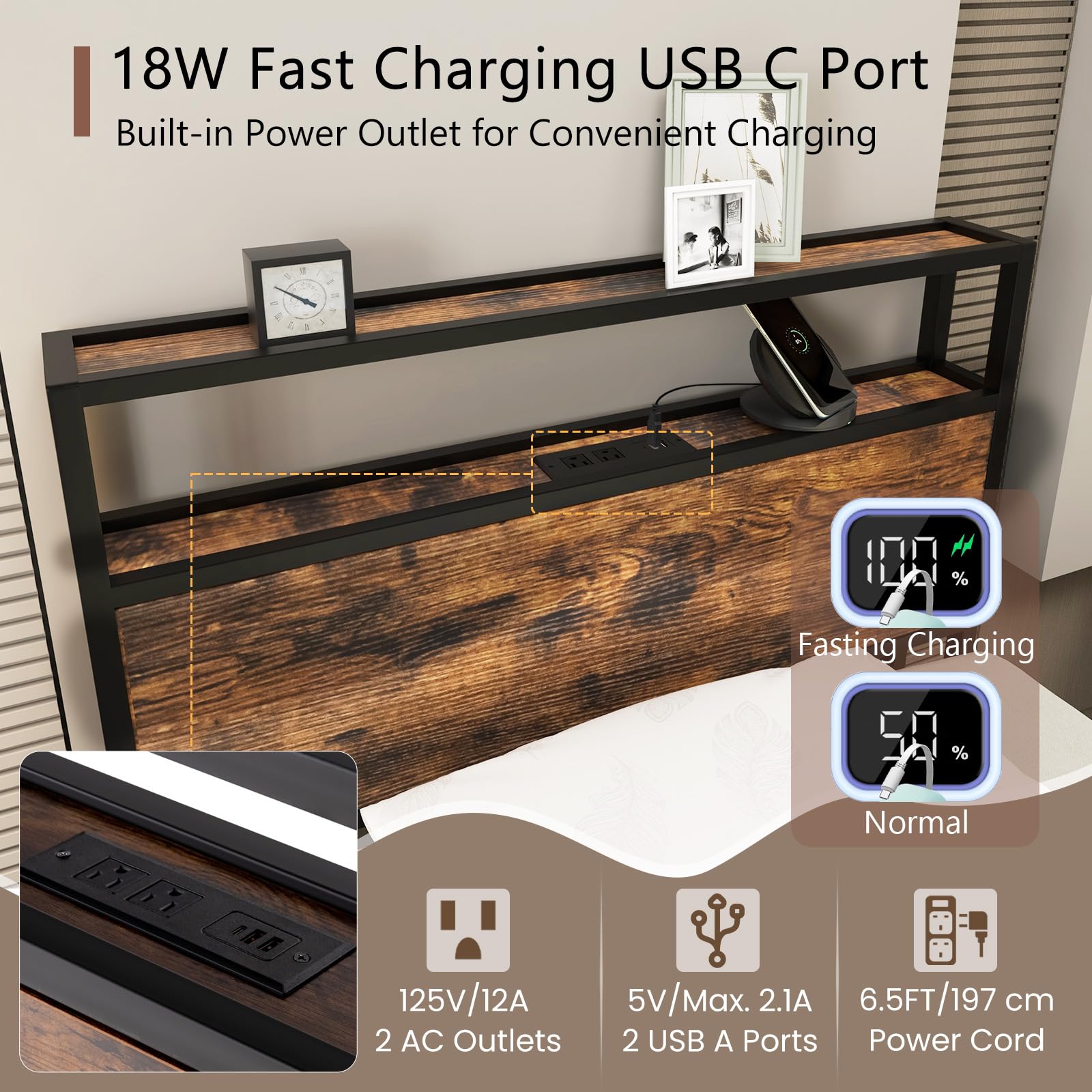 KOMFOTT Industrial Bed Frame with 2-Tier Storage Headboard & Charging Station