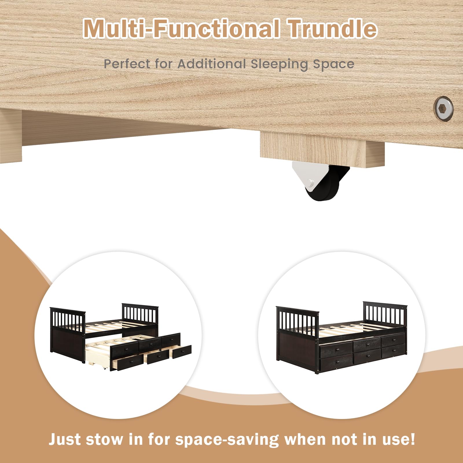 KOMFOTT Twin Captain’s Bed with Trundle Bed, Wood Storage Daybed with 3 Storage Drawers