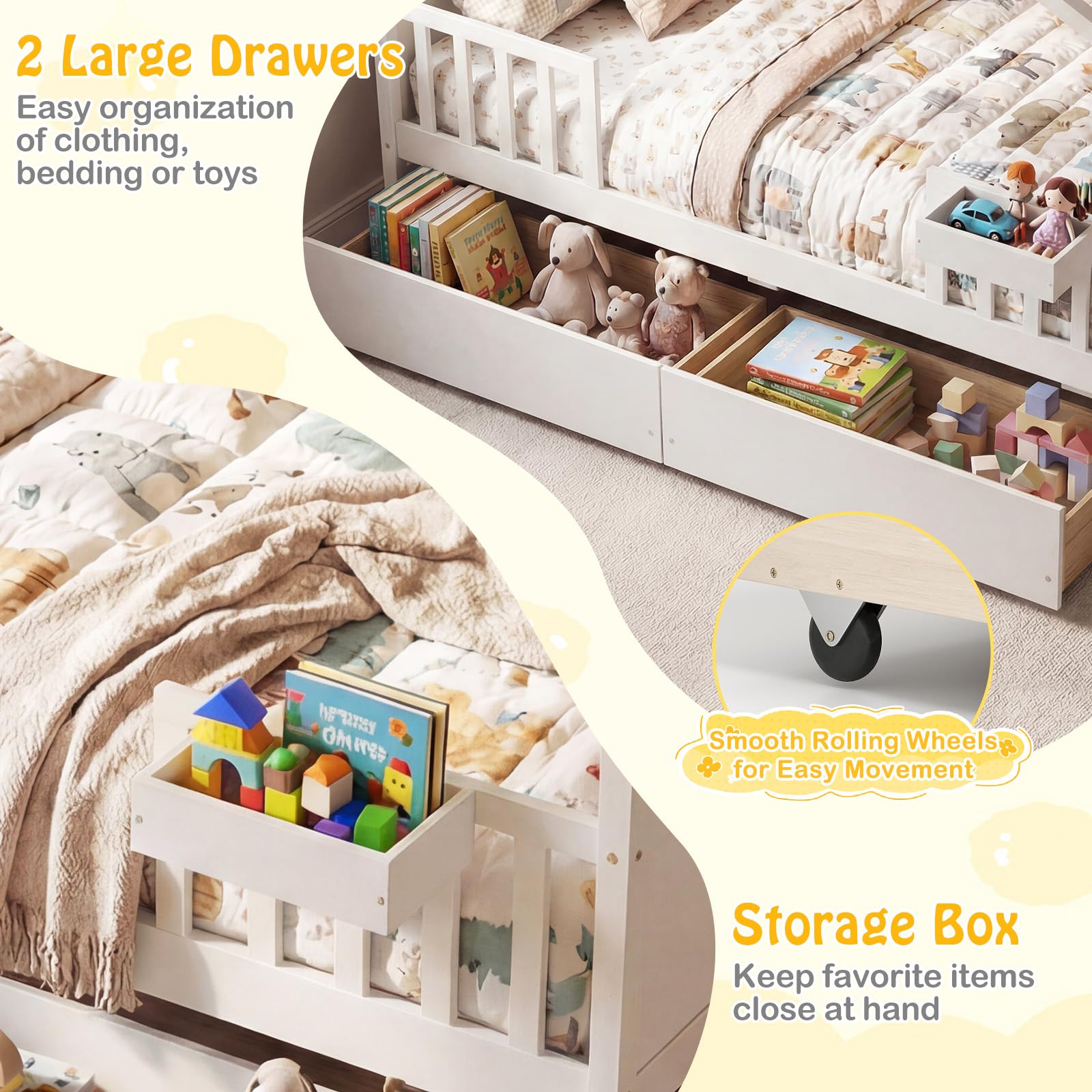 KOMFOTT Full Size House Bed for Kids with 2 Rolling Drawers & Roof & Fence Rails