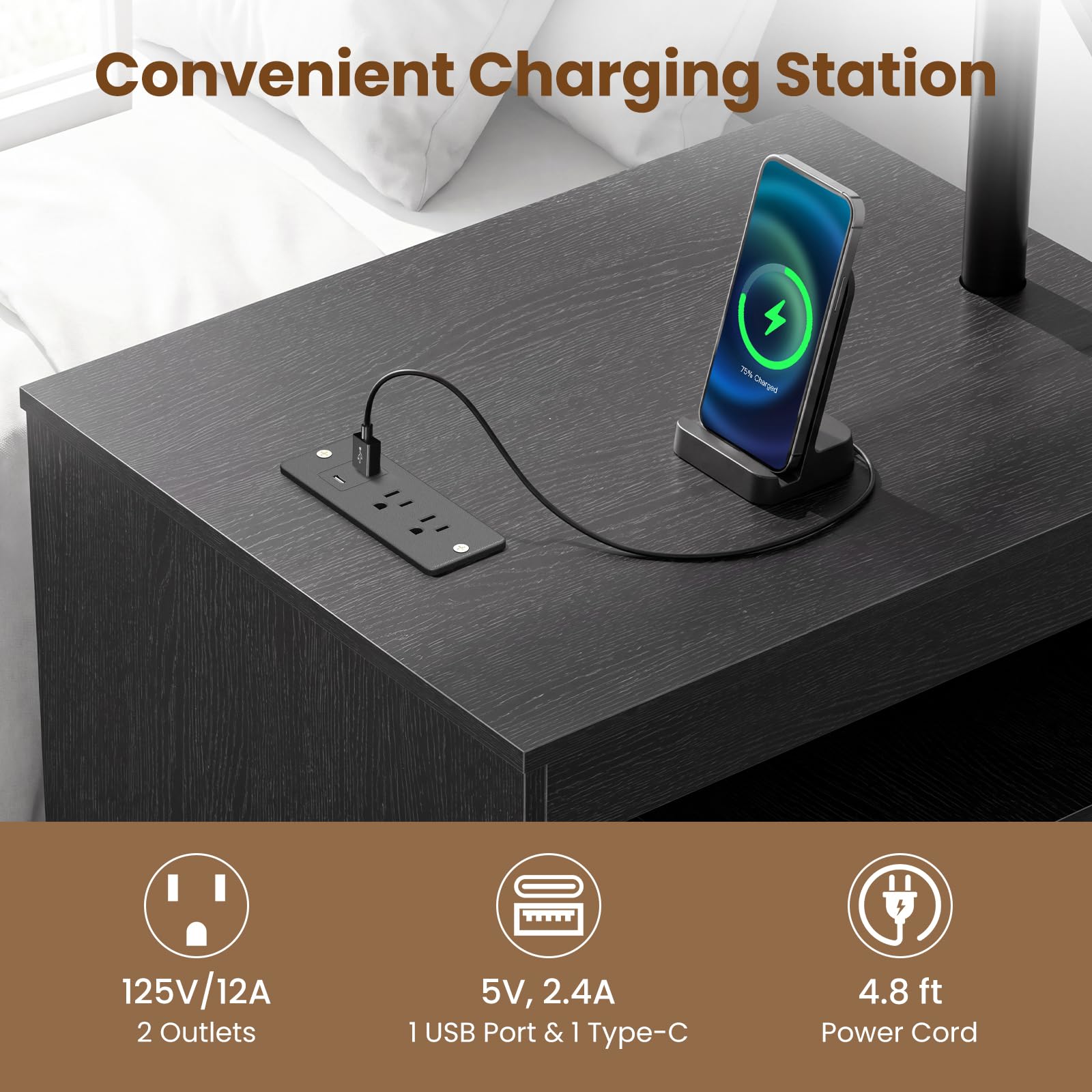 KOMFOTT LED Nightstand with Charging Station Modern Bedside Table(23.5" x 16" x 29.5")