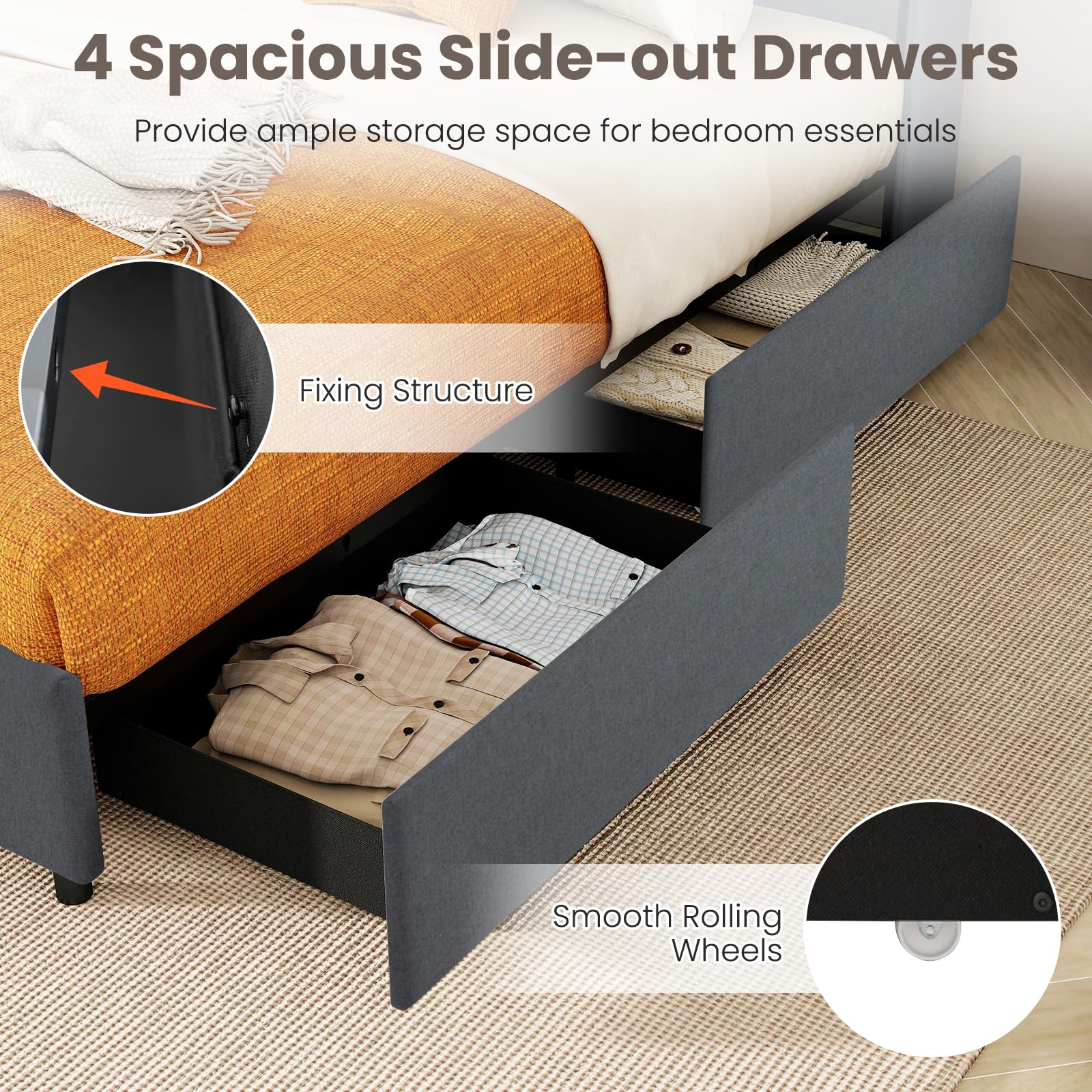 KOMFOTT Upholstered Bed Frame with 4 Storage Drawers & LED Lights, Wingback Headboard & Charging Station