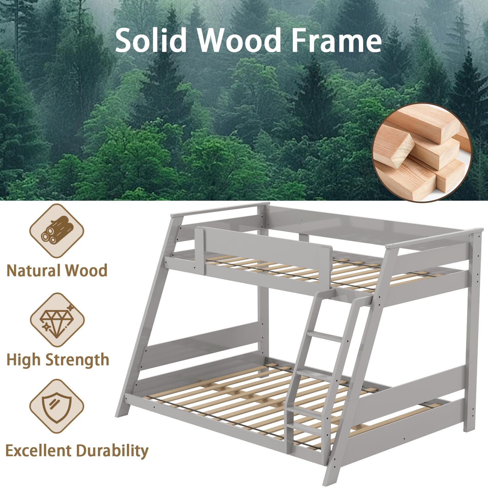KOMFOTT Wood Twin Over Full Bunk Bed with Reversible Ladder