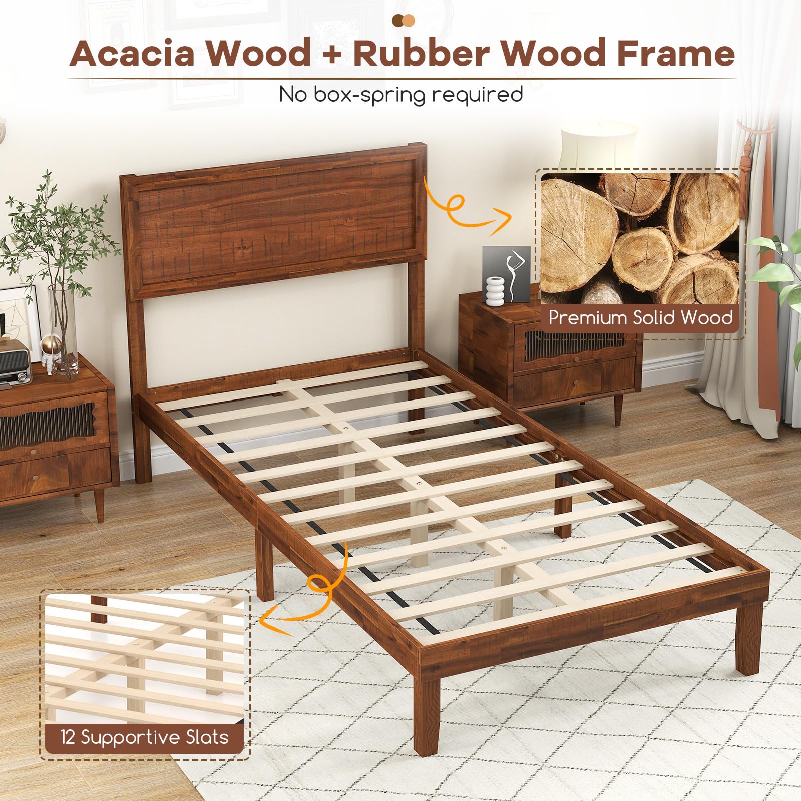 KOMFOTT Retro Wood Bed Frame with Headboard