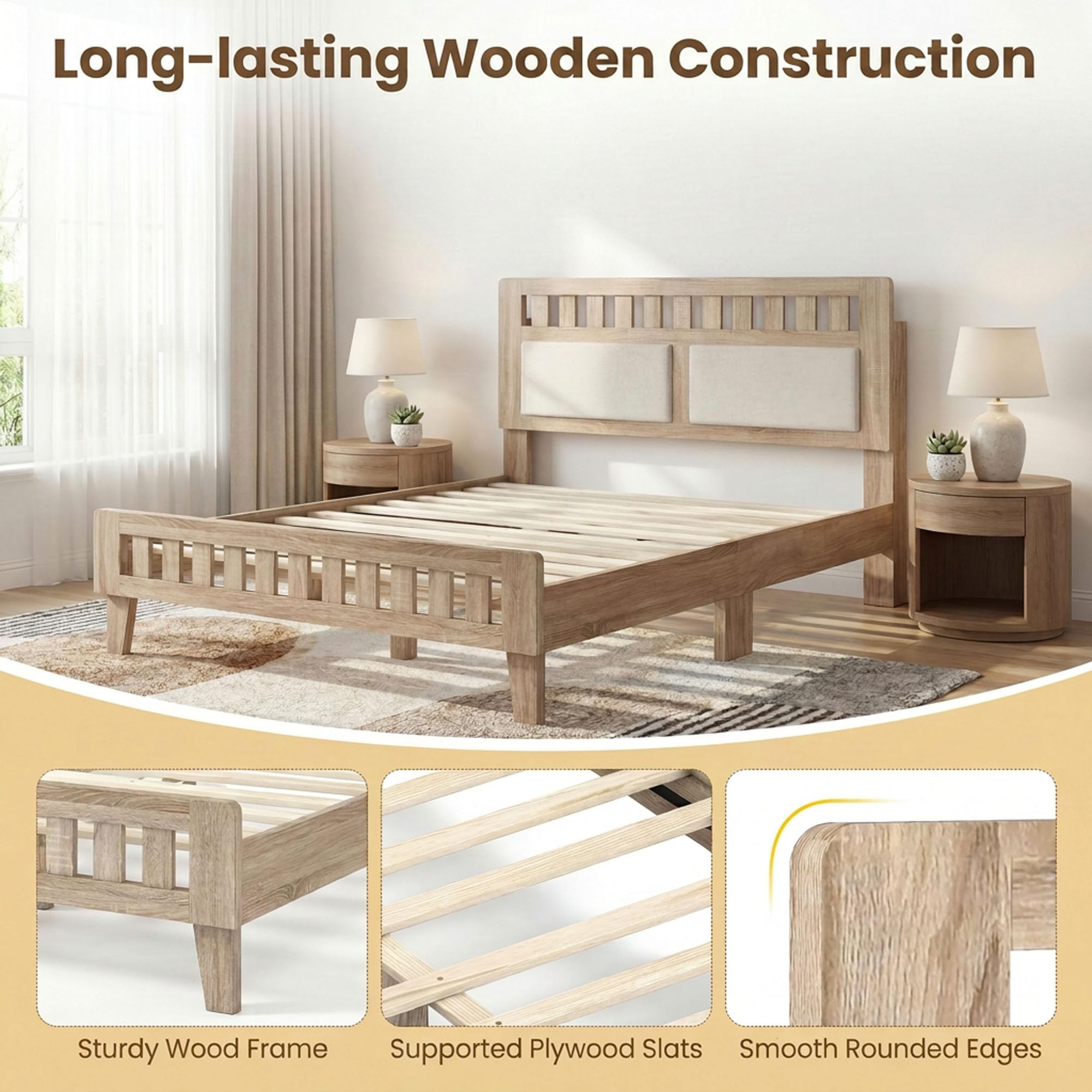 KOMFOTT Full/Twin/Queen Wood Bed Frame with Upholstered Headboard