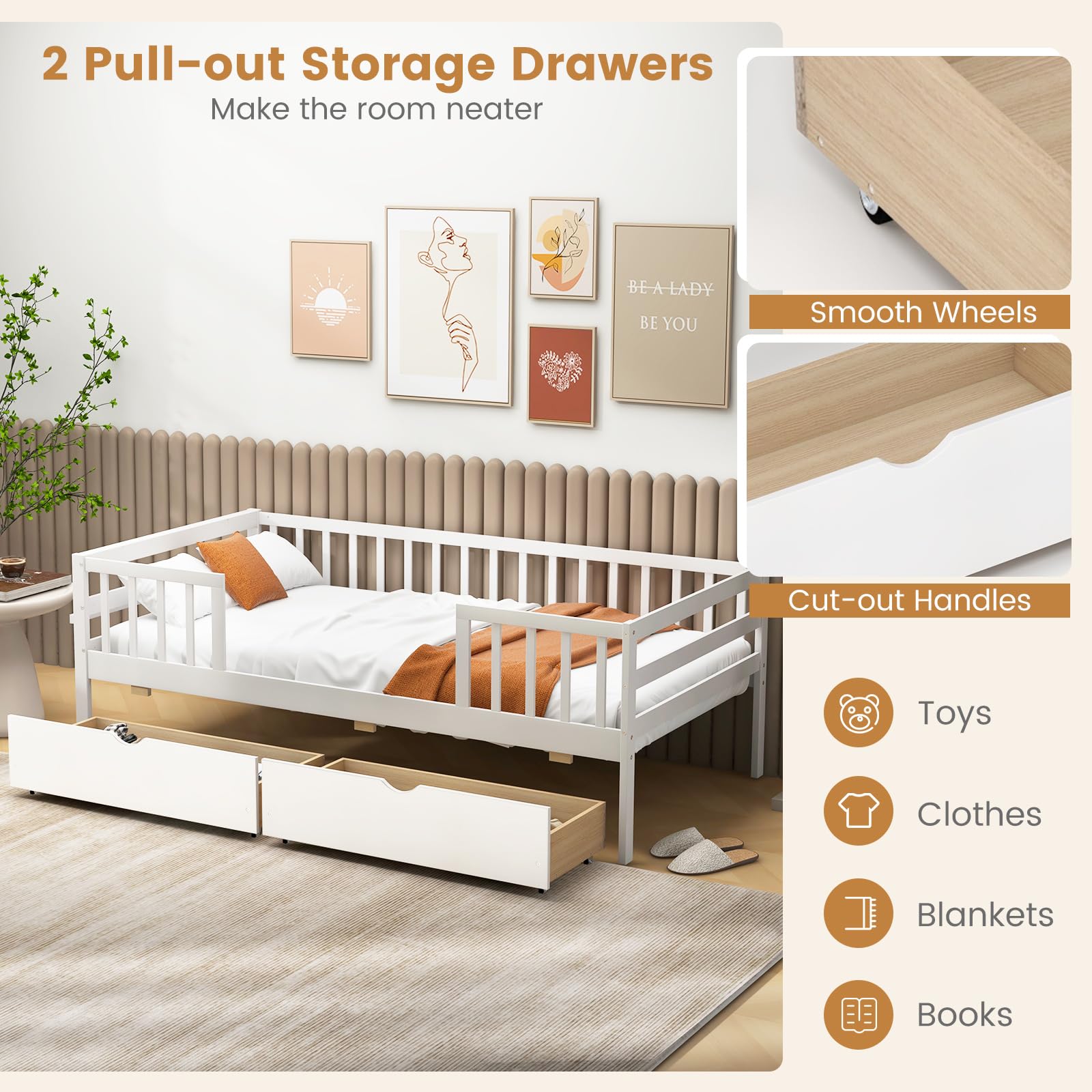 KOMFOTT Wood Twin Bed Frame with Fence Rails & 2 Pull-Out Drawers