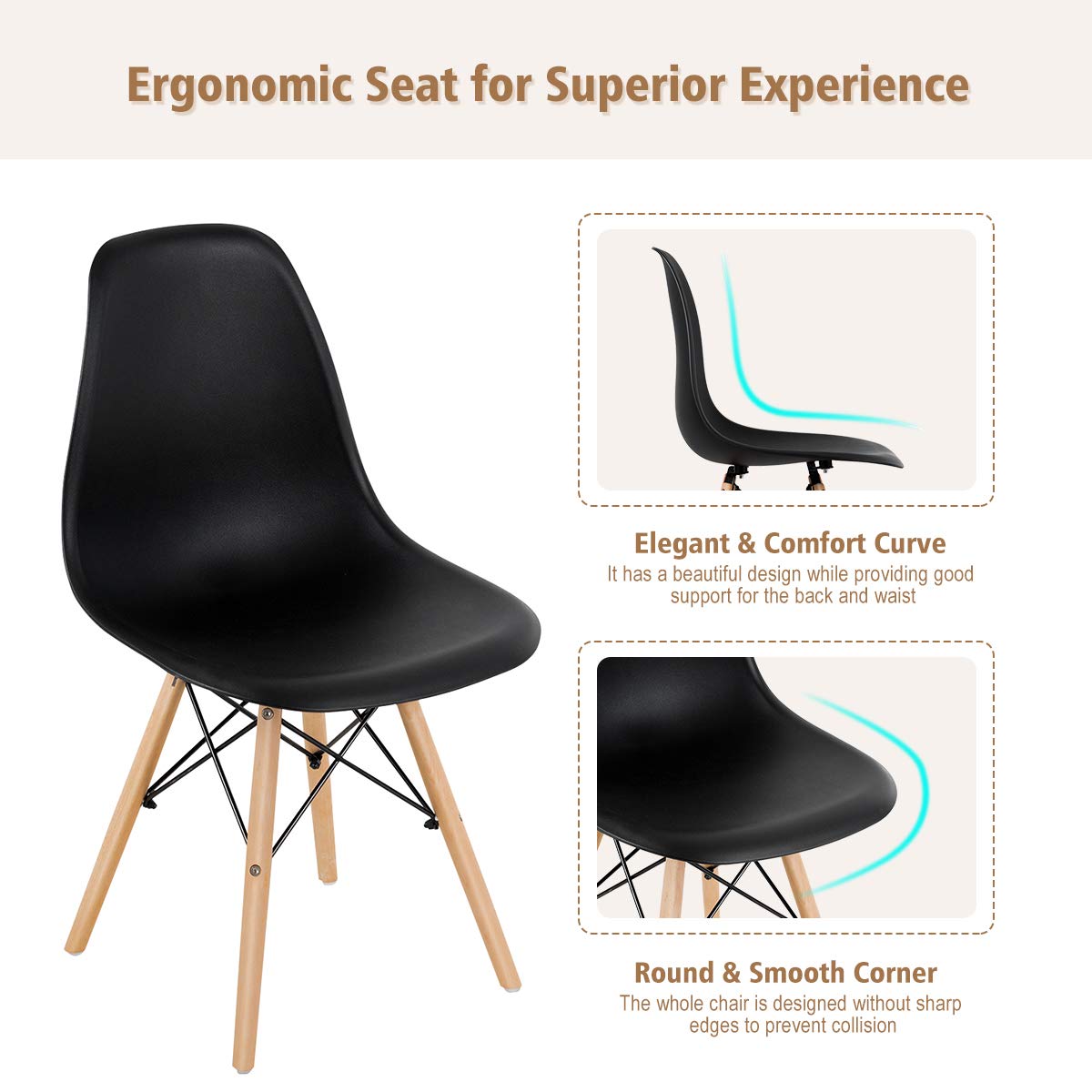 KOMFOTT Pre Assembled Mid Century Modern Dining Chairs Set of 4 with Wood Legs, Shell Lounge Plastic Chairs