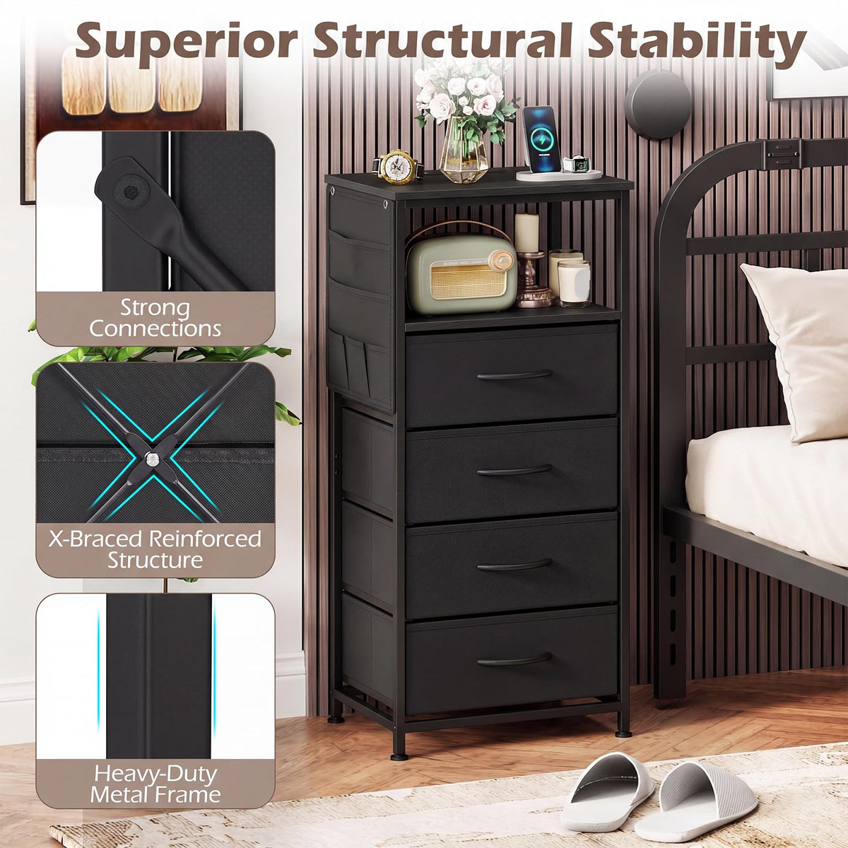 KOMFOTT 1/2 Nightstand with Integrated Charging Station 34" Tall Modern End Table(4 Drawers)