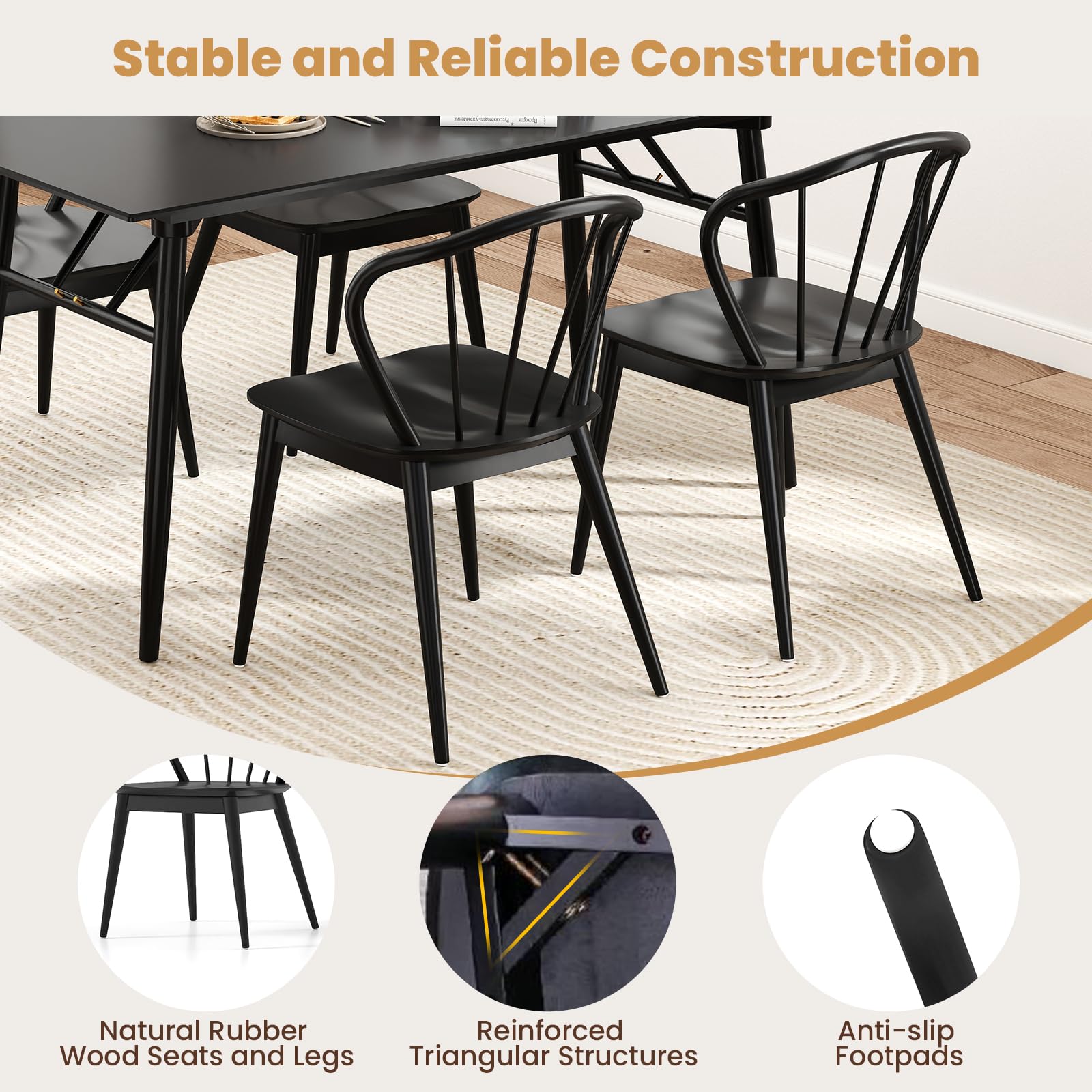 KOMFOTT Wooden Dining Chairs Set of 2/4, Windsor Kitchen Chairs w/High Spindle Back & Rubber Wood Legs, Wide Seat & Curved Backrest