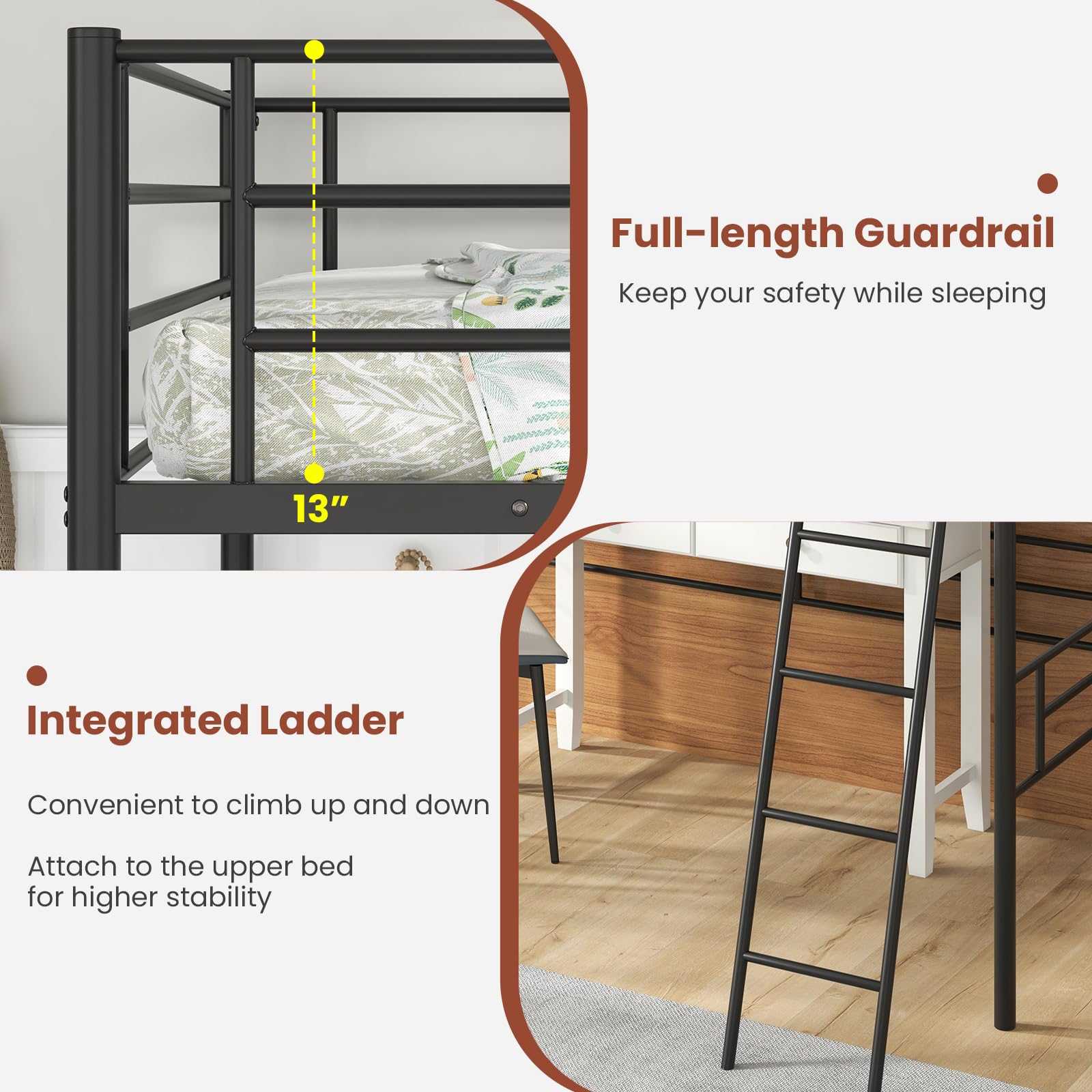 KOMFOTT Twin Metal Loft Bed Frame with Ladder