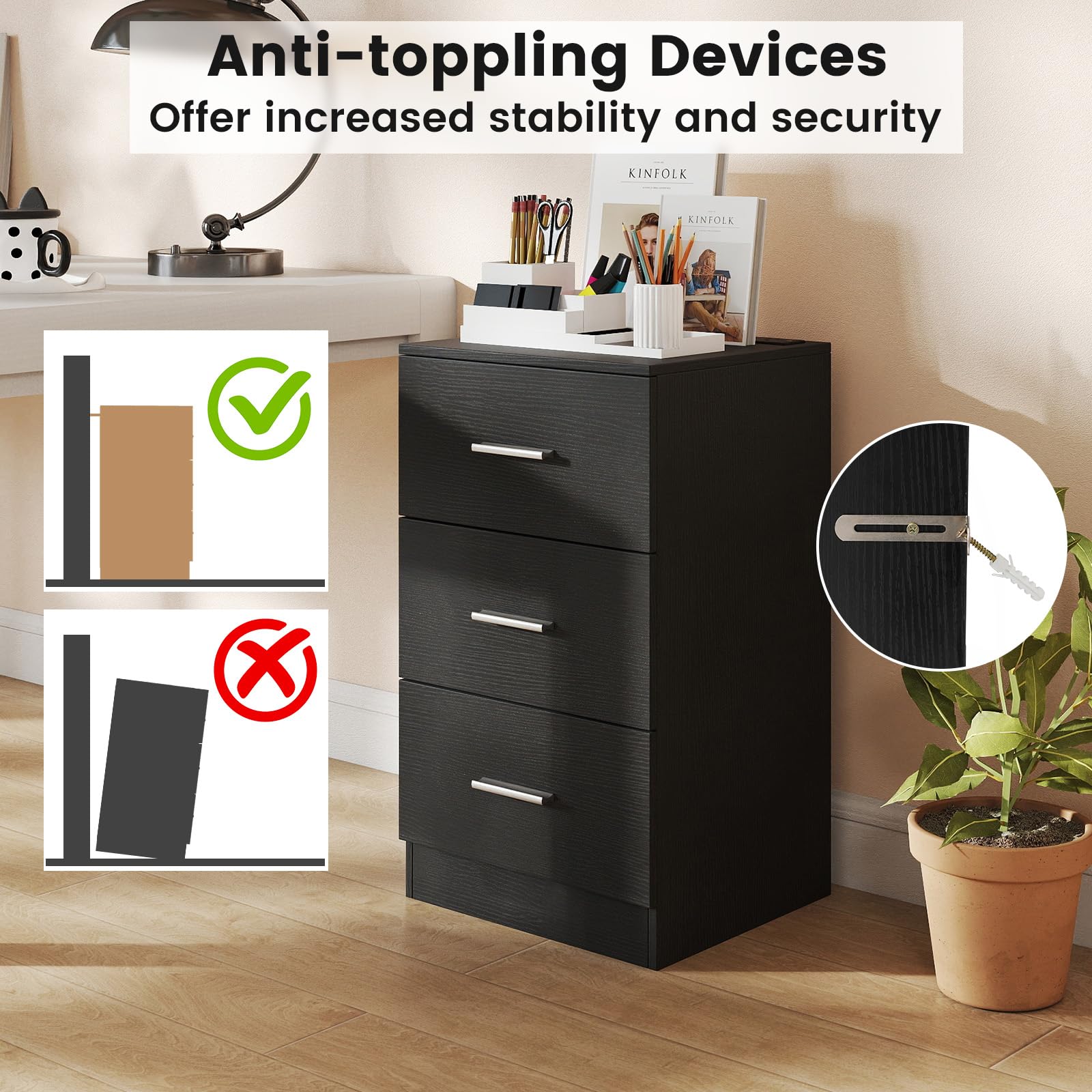 KOMFOTT 3-Drawer Nightstand Modern Drawer Organizer
