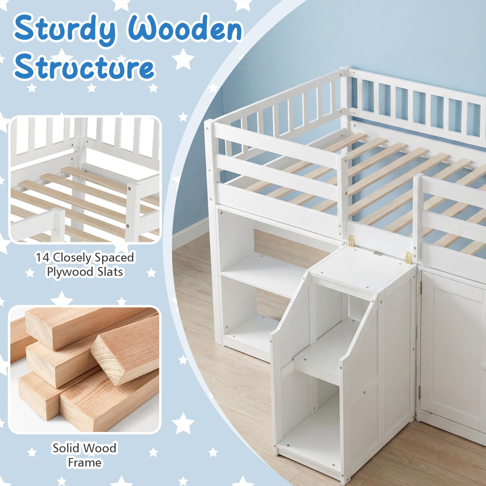 KOMFOTT Twin Size Low Loft Bed with LED Light Stairs & Guardrails
